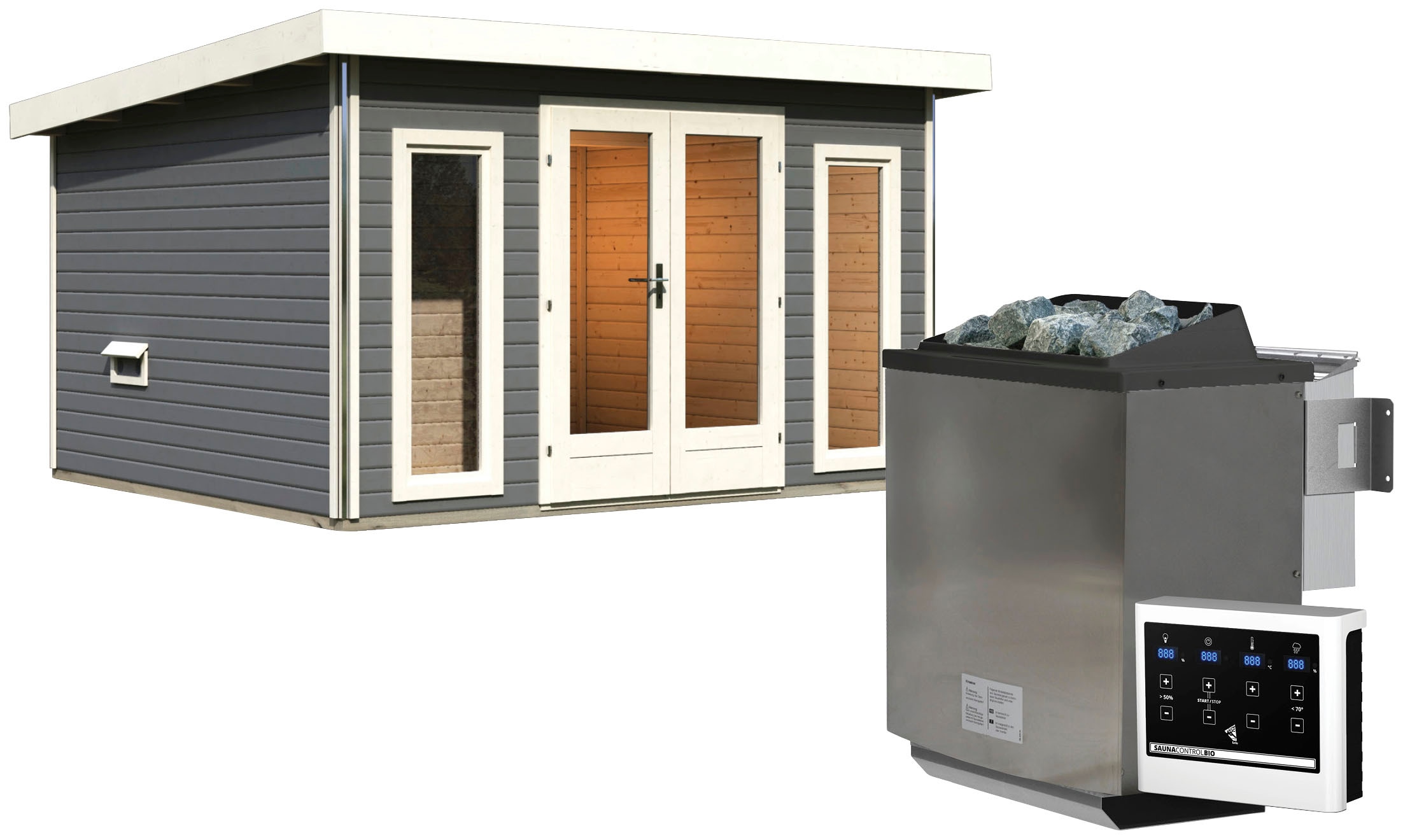 Saunahaus KARIBU "Maiko 2B", beige (naturbelassen), Bio-Ofen, externe Steuerung, 9 kW, Saunen, Ofen 9 kW Bio externe Strg easy