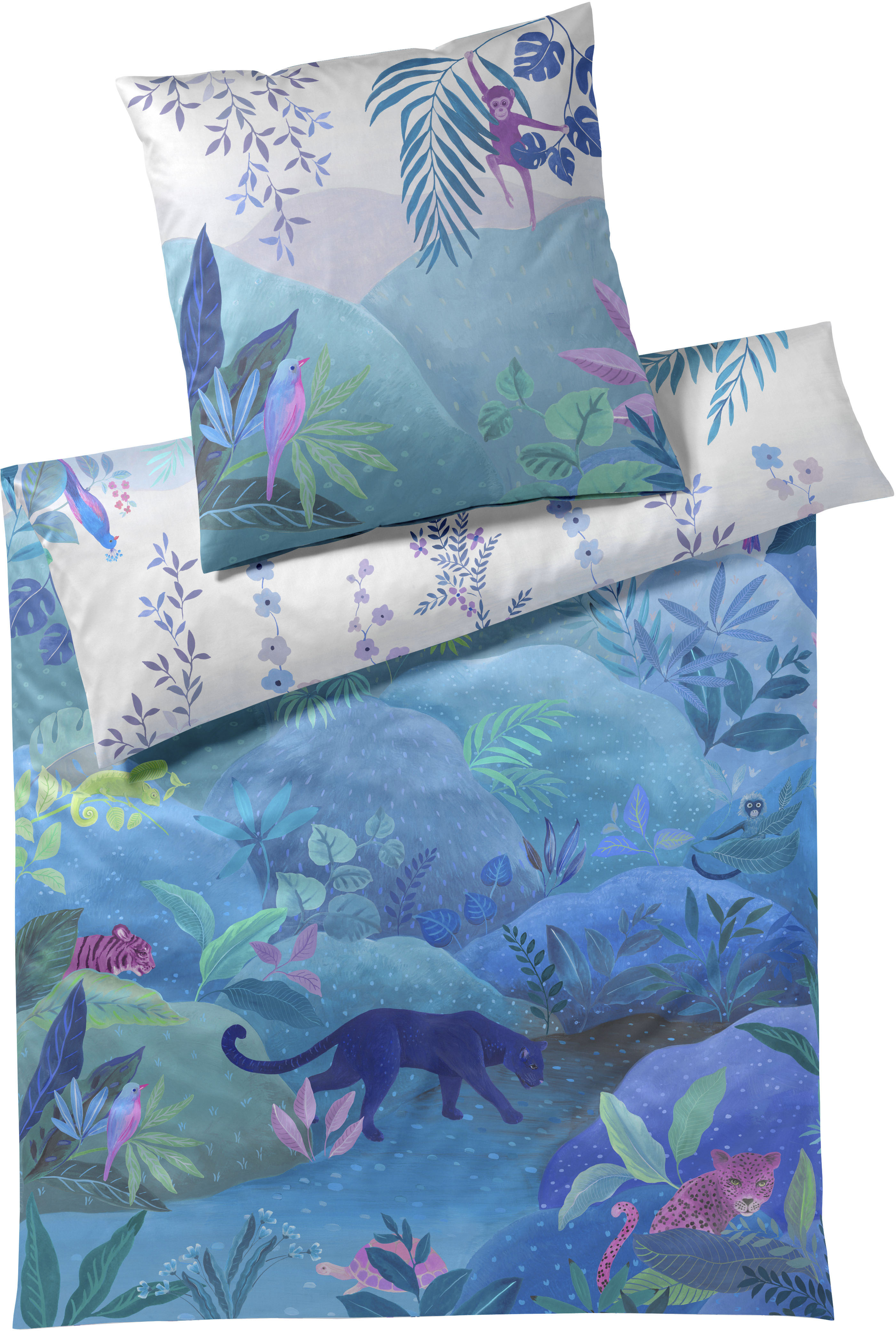 Bettwäsche ELEGANTE "Fairytale", bunt (türkis, grün), B/L: 135cm x 200cm, 1 Stk., 1 Stk., Mako-Satin, B/L: 80cm x 80cm, 2 Stk., Mako-Satin, Obermaterial: 100% Baumwolle, Bettwäsche, Bettwäsche, angenehmes Hautgefühl