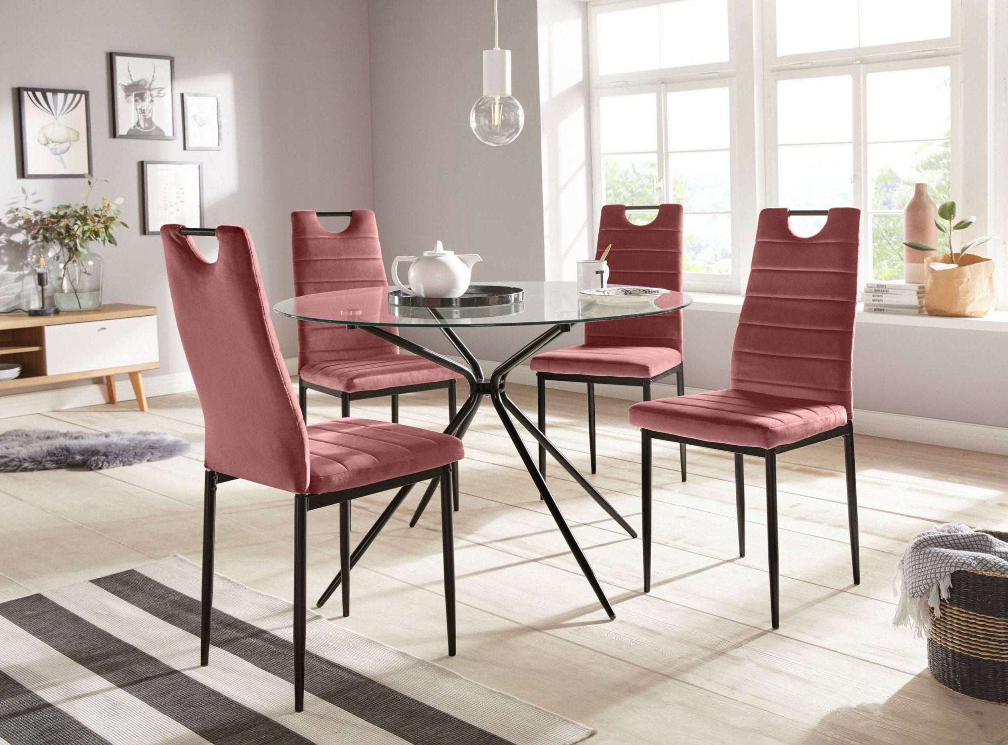 Essgruppe INOSIGN "Silvi-Mandy", rosa (rosa, rosa, schwarz), B:110cm H:74cm T:110cm, Glas, Metall, Stoff, Sitzmöbel-Sets, Essgruppe, Set: Glastisch 110x110 cm mit 4 Stühlen