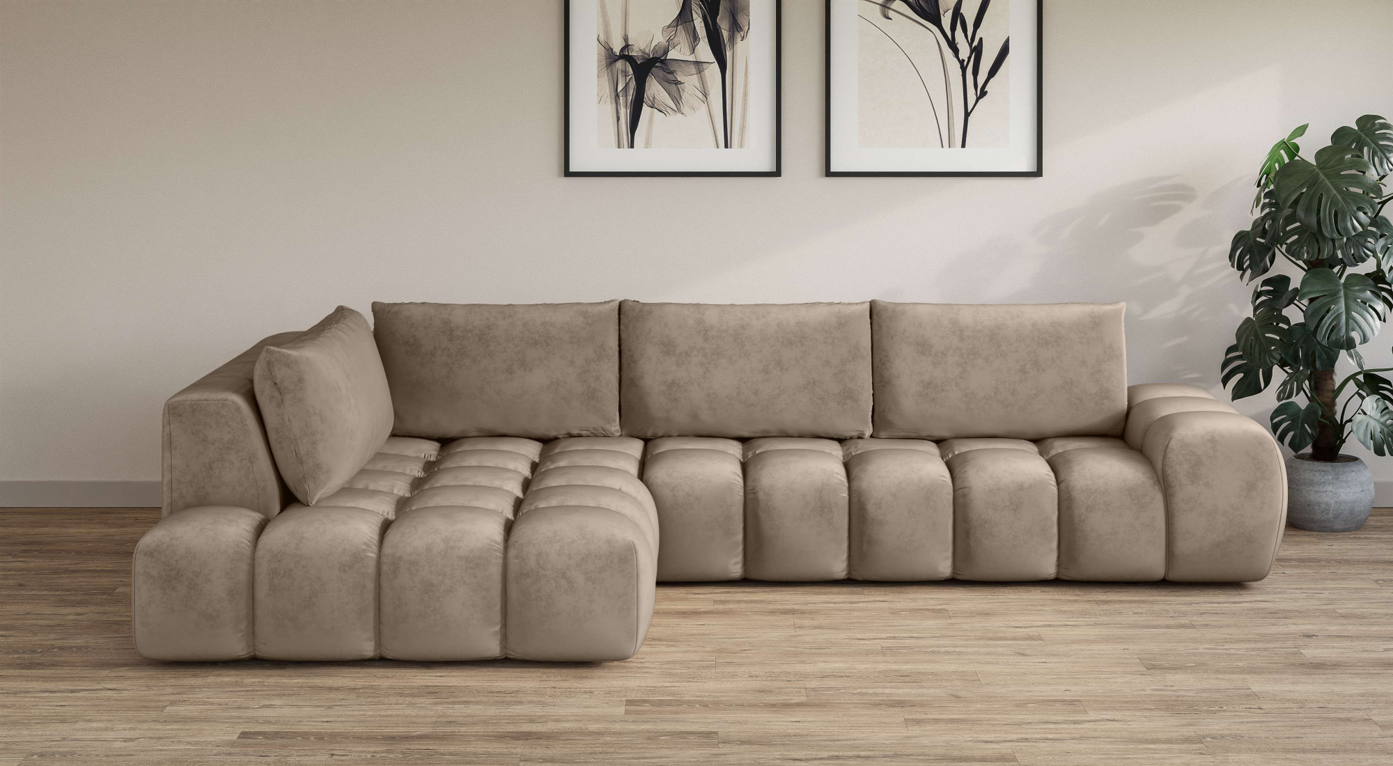 Ecksofa INOSIGN "AZITA klein, L-Form, elegant und bequem Designsofa in Bubble-Optik", grau (taupe), B:296cm H:89cm T:176,5cm, 100% Polyester, Sofas, lose Rückenkissen, traumhafte Steppung, Maße B/T/H: 296/176,5/89 cm