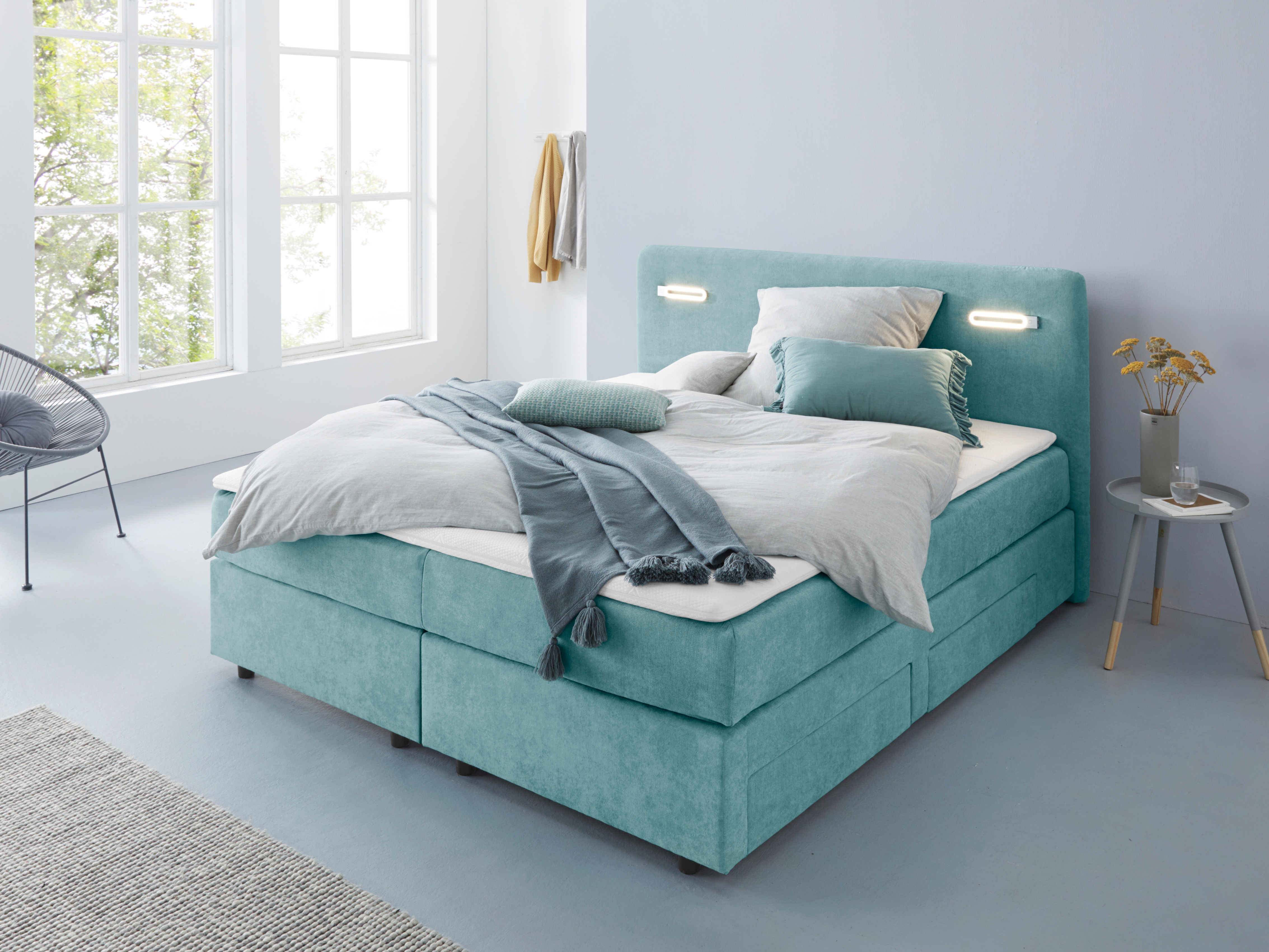 Boxbett HOME AFFAIRE "Luan", blau (turquoise), B:187cm L:211cm, Komplettbetten, Boxspringbett, Schubkästen, LED-Beleuchtung und Topper, in Breite 120 cm und 180 cm Image