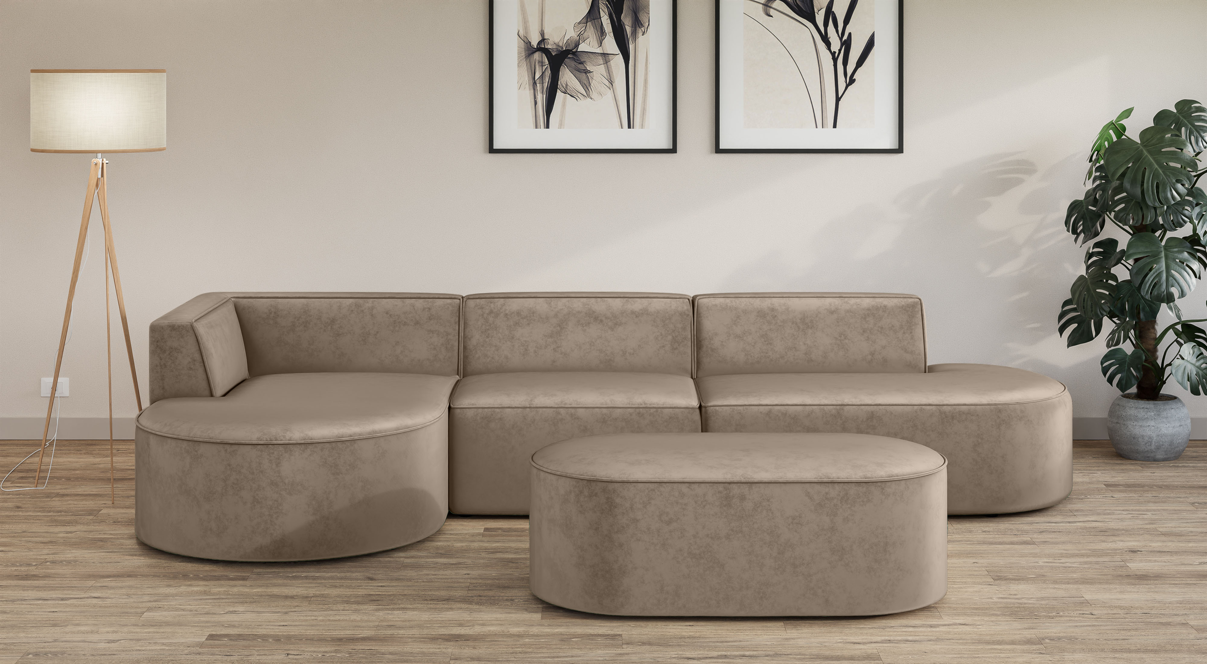 Ecksofa ANDAS "EIVIND Designer Sofa mit Ottomane rechts/links, B/T/H: 343/159/72 cm", grau (taupe), B:343cm H:72cm T:159cm, 100% Polyester, Sofas, L-Form mit Wellenunterfederung, auch in Feincord und Bouclé