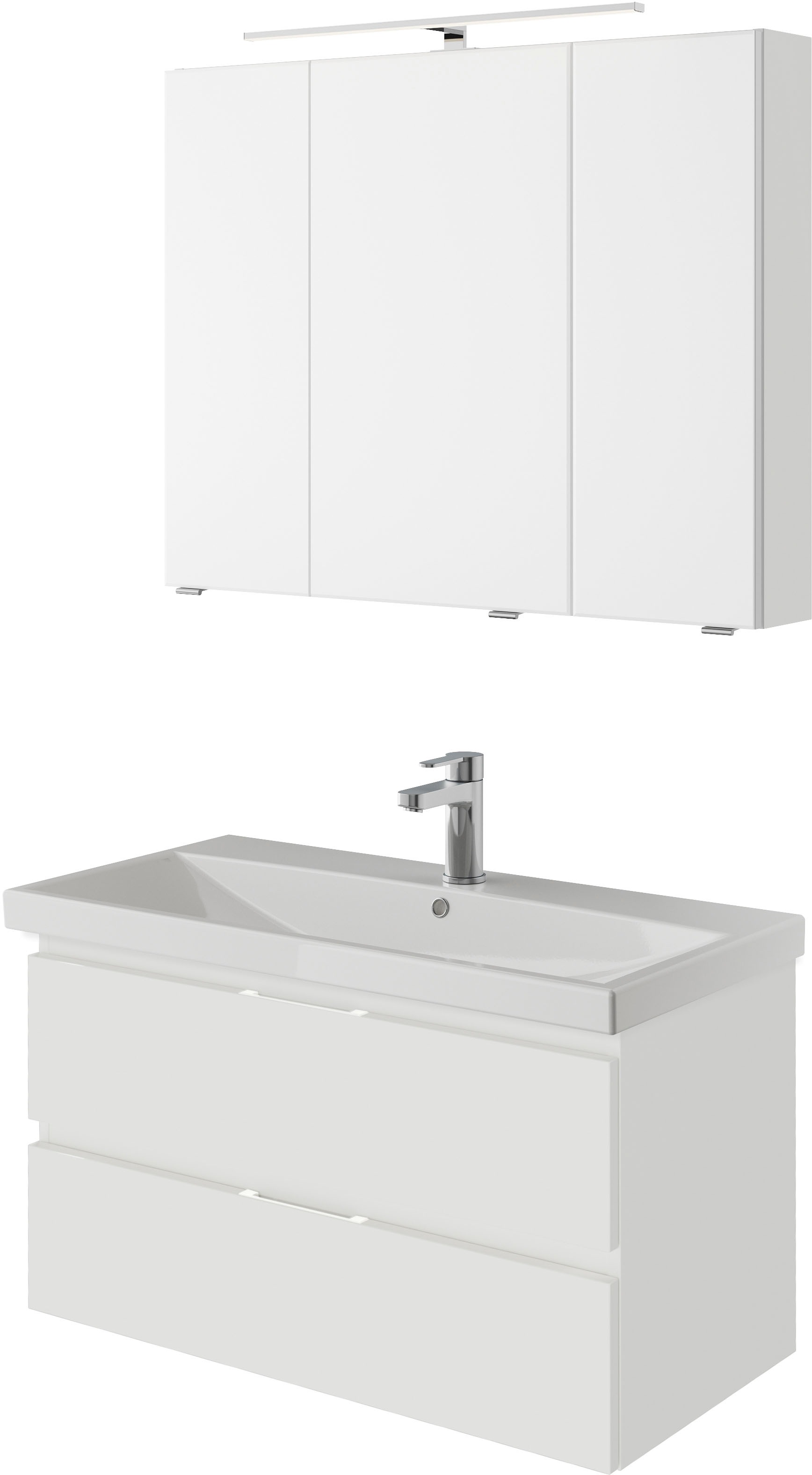Badmöbel-Set SAPHIR "Serie 4035 2-teilig, Keramikwaschtisch mit LED-Spiegelschrank", weiß (schneeweiß glanz), B:90cm H:200cm T:43,5cm, Spanplatte, Kastenmöbel-Sets, 90 cm breit, inkl. Türdämpfer, 2 Schubladen, 3 Türen, 6 Einlegeböden Image