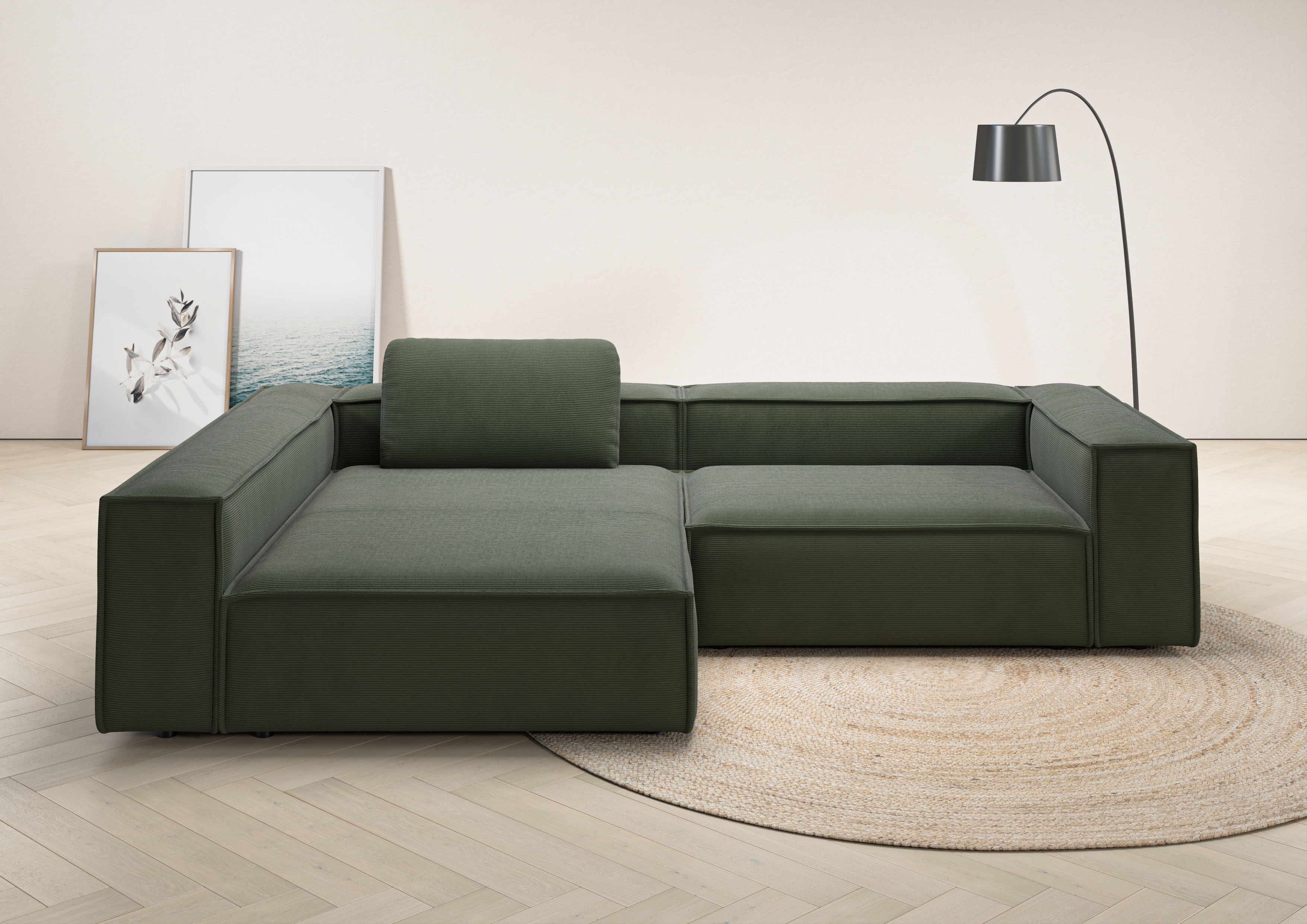 Ecksofa HOME AFFAIRE "Watertown, moderne XXL L-Form, 306 cm breit", grün (oliv), B:306cm H:68cm T:191cm, 95% Polyester, 5% Nylon, Sofas, Ecksofa, Komfortabel mit tiefer Sitzfläche – ideal für große Wohnräume