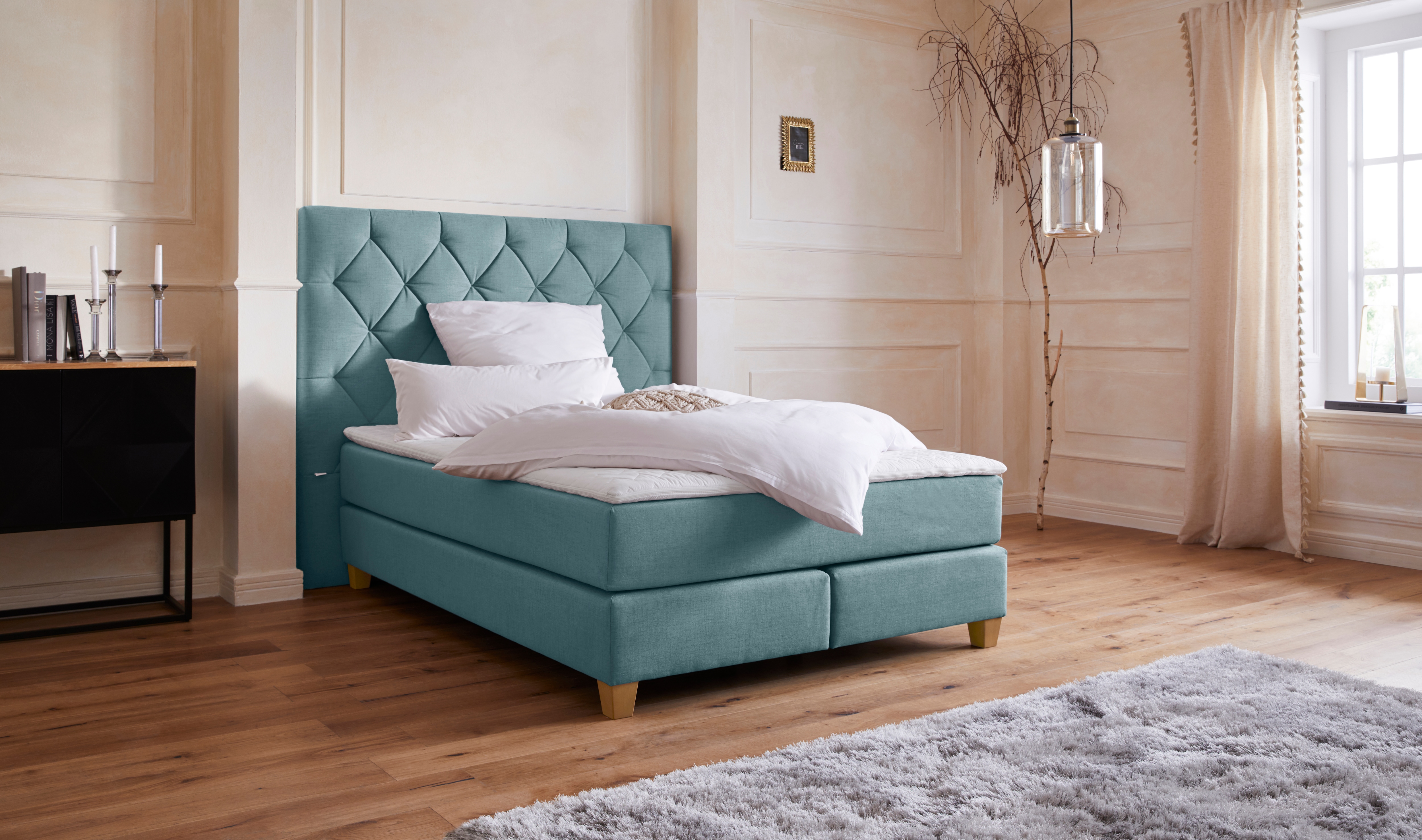 Boxspringbett HOME AFFAIRE "Harmones hoch", grün (mint), B:163cm L:210cm, Struktur (100% Polyester), Komplettbetten, Boxspringbett, in 3 Breiten, Härtegrad auch im Mix mit je 1 Matratze in H2 und H3 Image