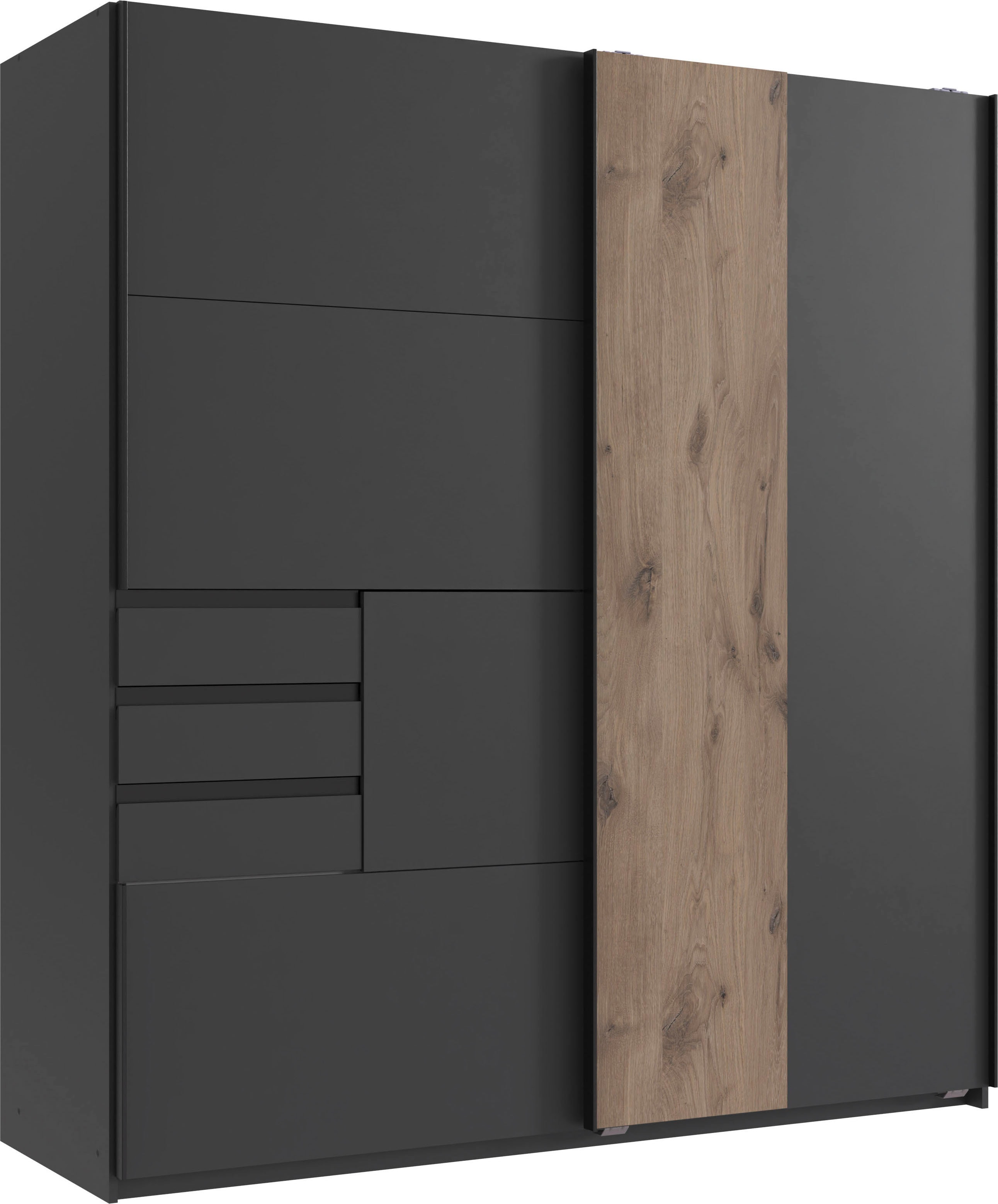 Schwebetürenschrank WIMEX "Coburg, Kleiderschrank Made in Germany", grau (graphit, viking oak), B:180cm H:198cm T:65cm, Spanplatte, Schränke, mit Akustikpaneel Optik oder Holzoptik eichefarben, 180cm breit