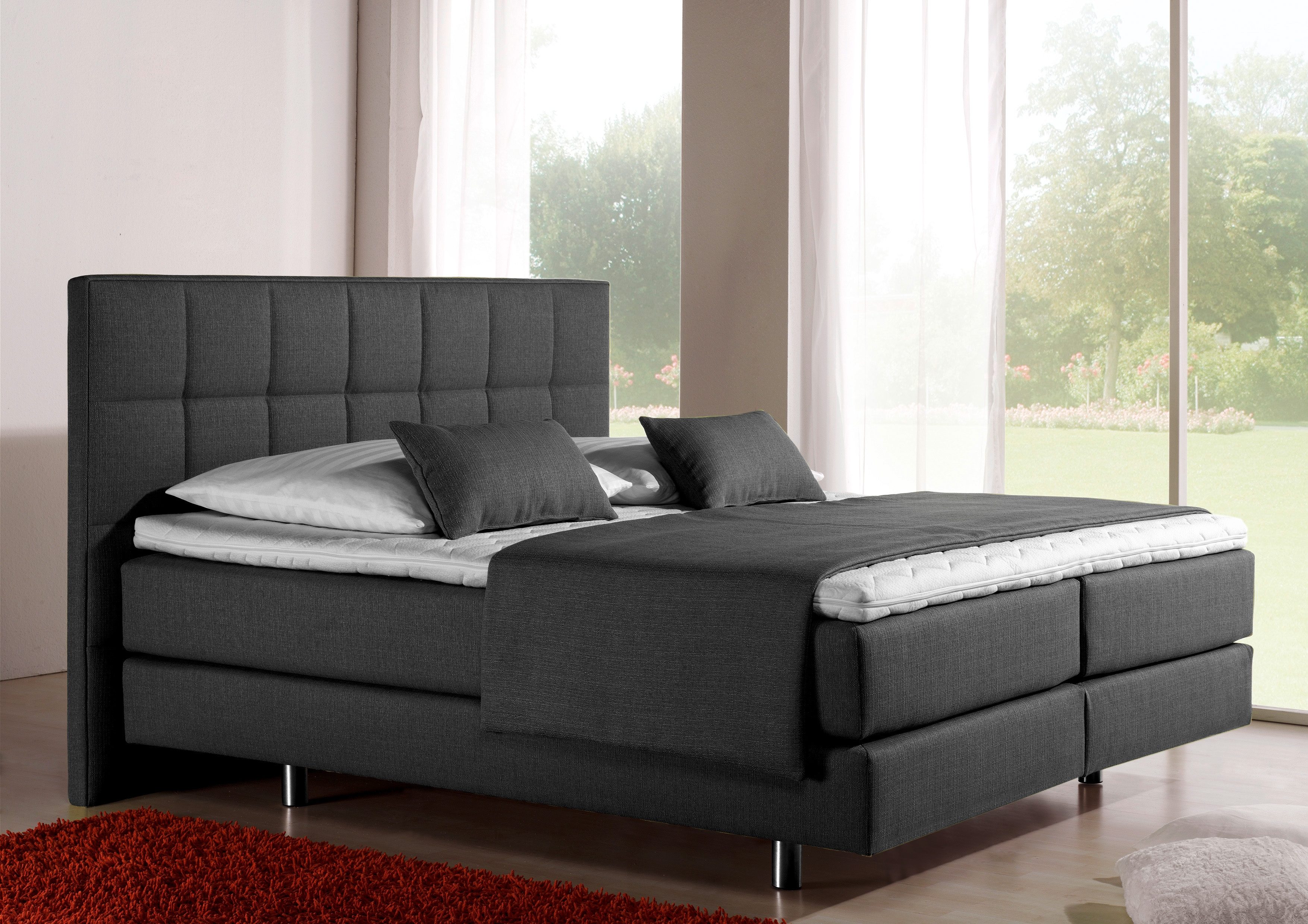 Boxspringbett INOSIGN "Neon", grau (anthrazit), B:158cm L:210cm, Strukturstoff-Bezug (100% Polyester), Komplettbetten, Boxspringbett, in 3 Matratzenarten, feine Steppung im Kopfteil, 2 Härtegrade Image