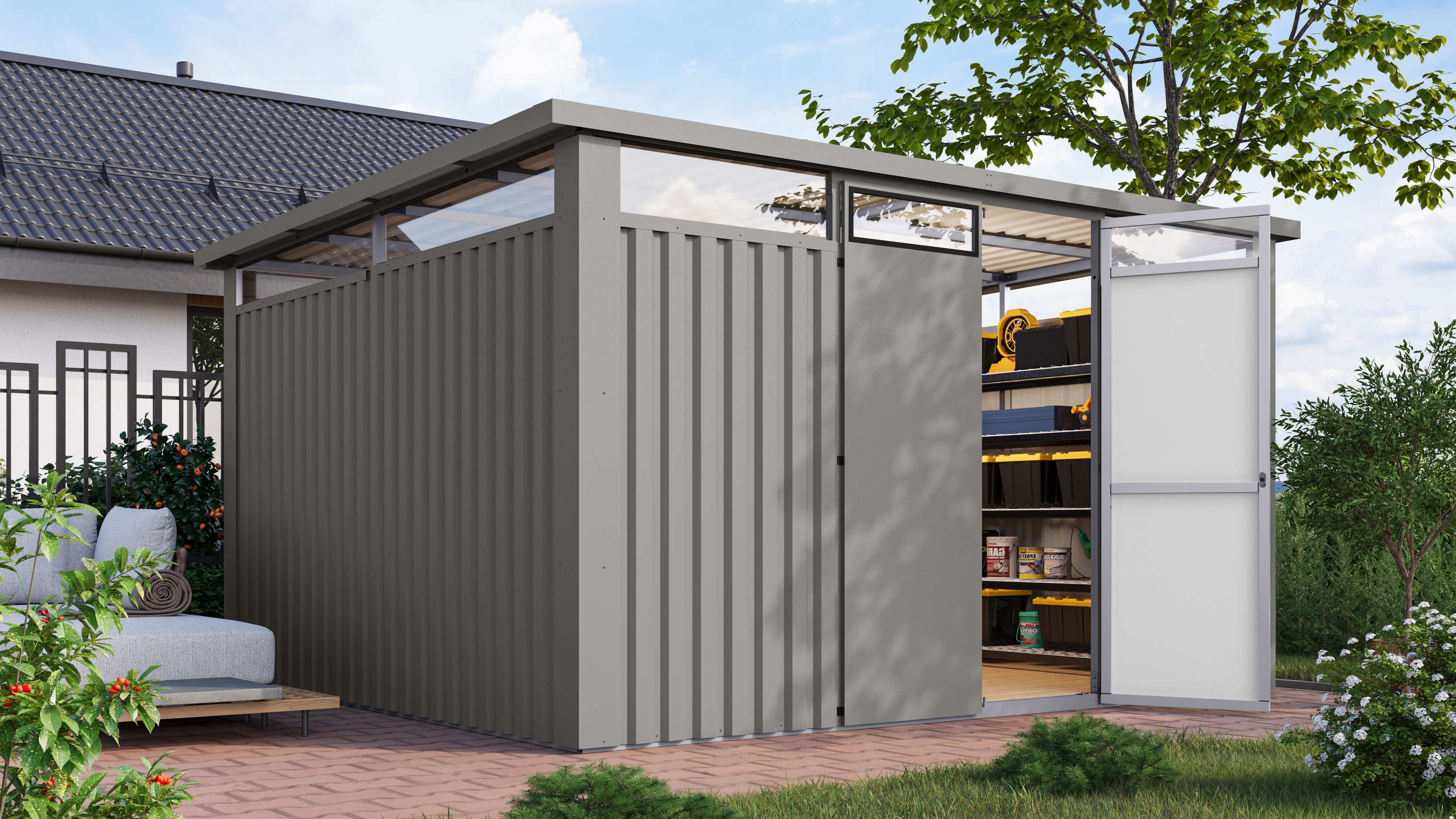 Gartenhaus KARIBU "Østen 4, aus Metall, mit Lichtband aus Kunststoff", grau (graualuminium), ohne Fußboden, ohne Dacheindeckung, Stahl, Gartenhäuser, in verschiedenen Farben