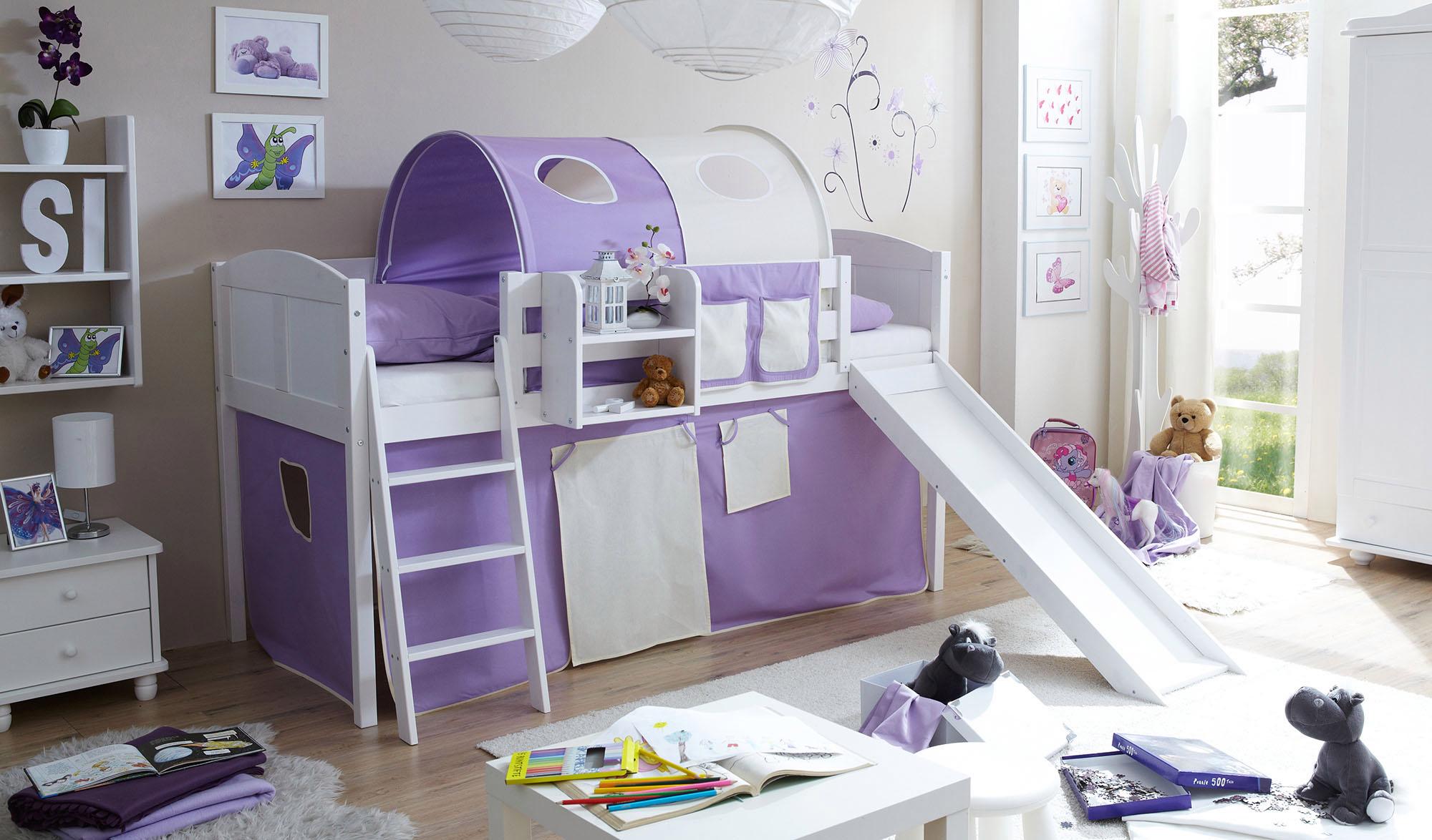 Hochbett TICAA "Ekki", weiß (kiefer massiv weiß gewachst, lila, beige), B:207cm H:118cm L:206cm, Hochbetten, Hochbett, mit Rollrost und in verschiedenen Ausführungen, Kiefer