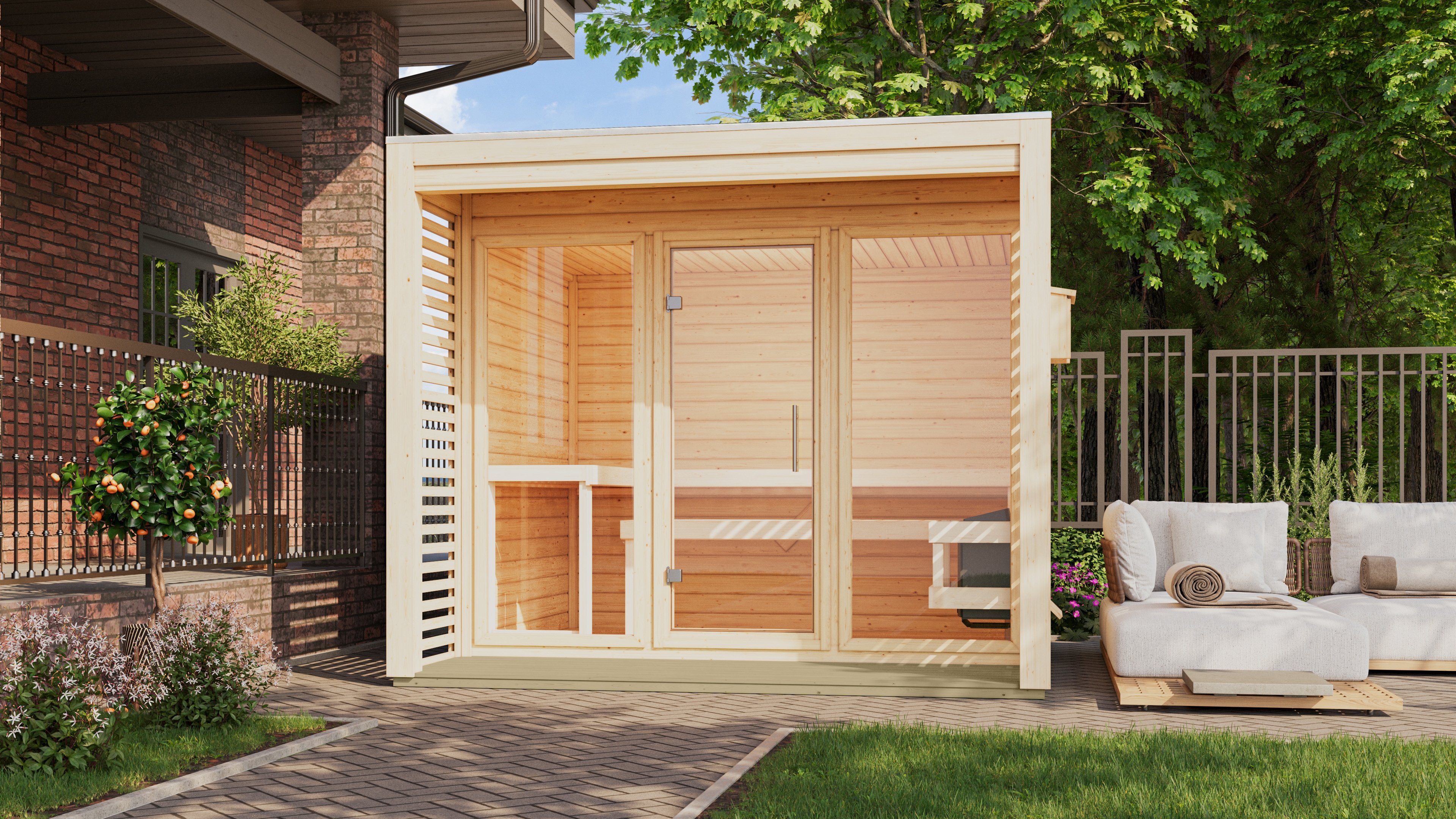 Saunahaus KARIBU "»Armin 3« naturbelassen", beige (naturbelassen), Bio-Kombiofen, externe Steuerung, (ohne Ofen), Saunen, in verschiedenen Ausführungen erhältlich, Ofen 9 KW externe Strg easy Image