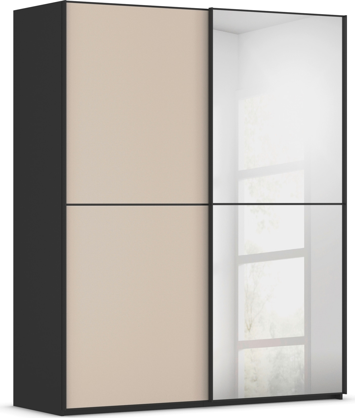 Schwebetürenschrank RAUCH "Kleiderschrank Schrank Garderobe Schlafzimmerschrank SCALE-DUO", beige (schwarz, glas champagner matt, griffleisten schwarz), B:181cm H:223cm T:68cm, Holzwerkstoff, Schränke, edle zweigeteilte Türen Spiegel/Glas-Mix 3...