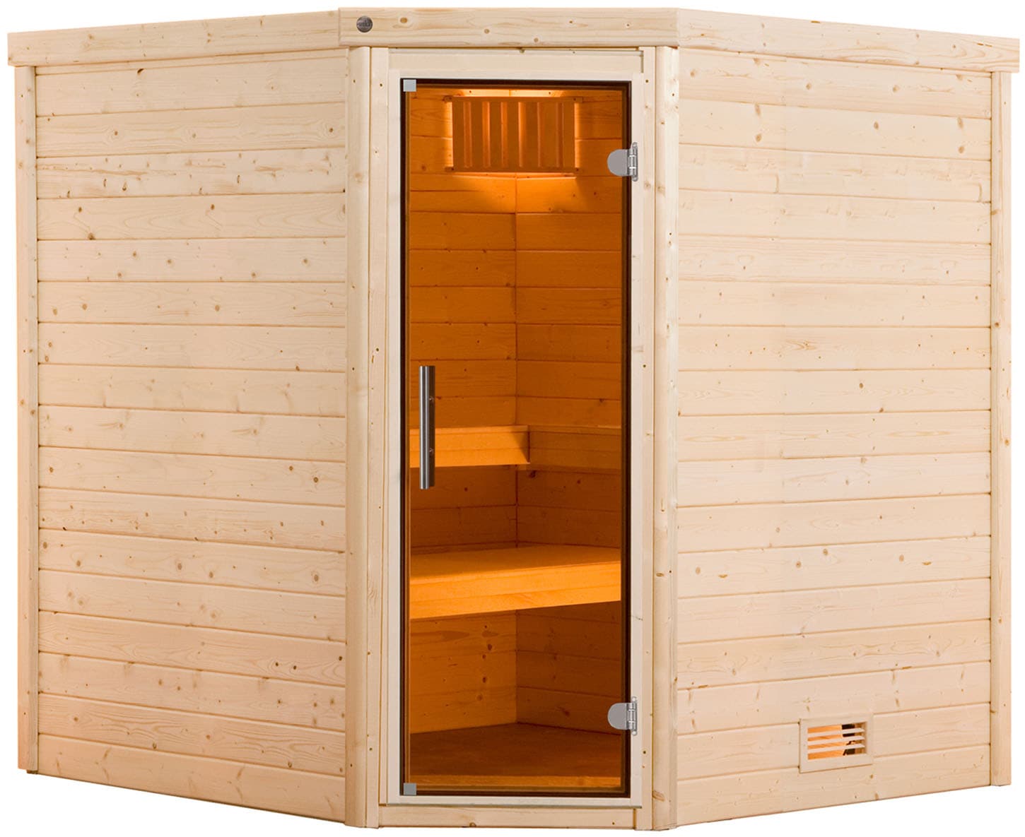 Sauna WEKA "Massivholzsauna TURKU 1", beige (natur), Bio-Ofen, externe Steuerung, 7,5 kW, Saunen, Blockbohlen, moderne Ganzglastür