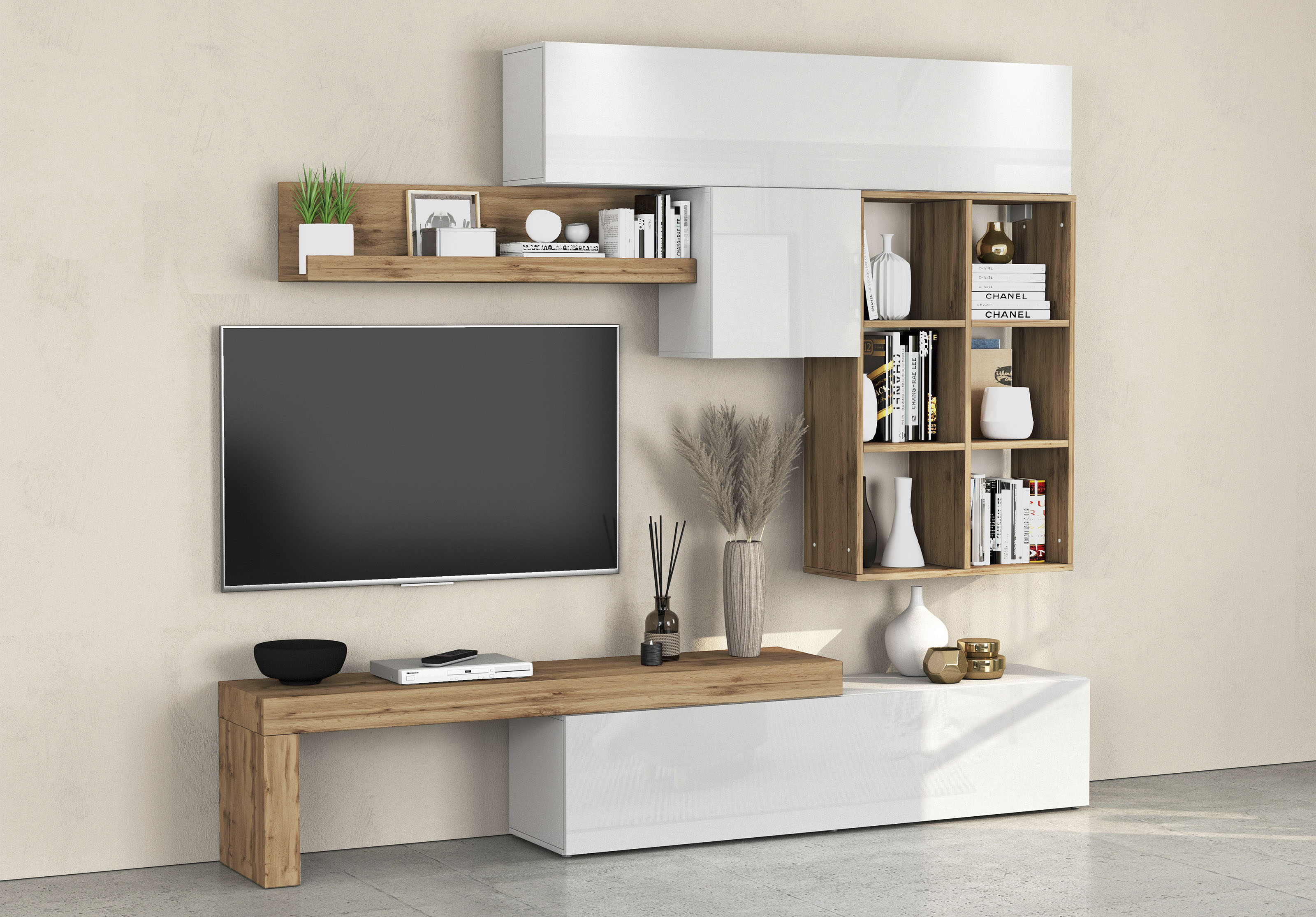 Wohnwand INOSIGN "Chronos Wohnwand, Medienwand, 5-er set", weiß (weiß hochglanz, eiche wotan), Holzwerkstoff, Kastenmöbel-Sets, ca. 270 cm mit Hängeschränke, Würfel, Regal, Lowboard, Made in Italy