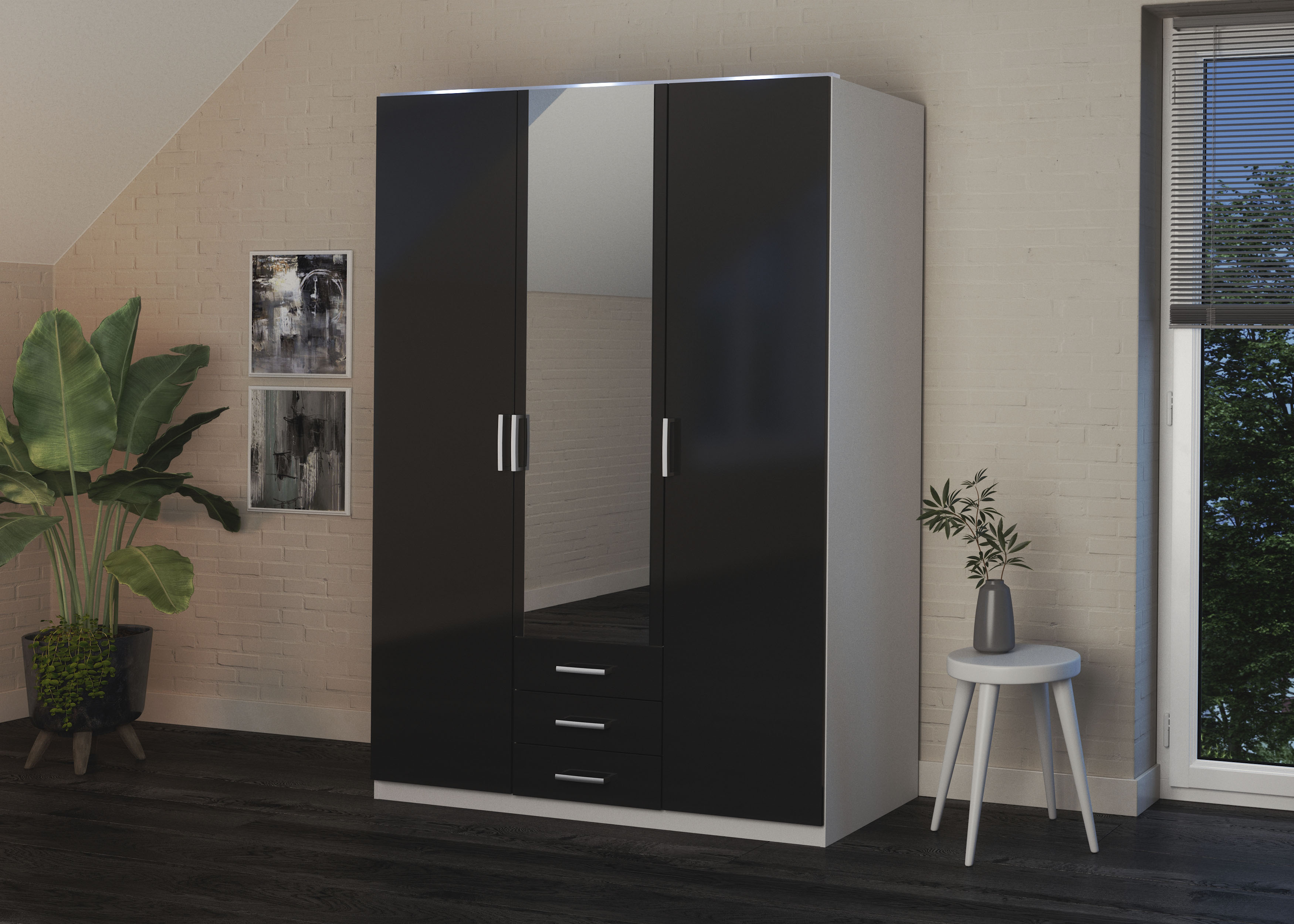 Kleiderschrank PRIESS "Amsterdam", schwarz-weiß (weiß, schwarz), B:140cm H:193cm T:56cm, Holzwerkstoff, Schränke, mit oder ohne LED-Beleuchtung Image