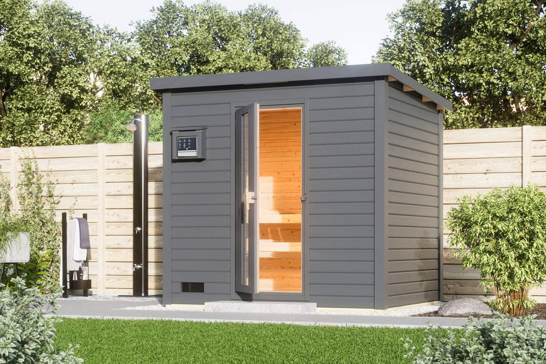 Saunahaus KARIBU "Talo 3", grau (terragrau), Bio-Ofen, externe Steuerung, (ohne Ofen), Saunen, Bio Ofen 9 kW, externe Steuerung, mit Energiespartür Image