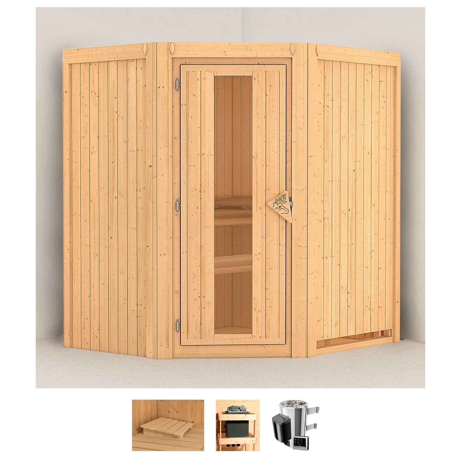 Sauna KARIBU "Tomke", beige (naturbelassen), Saunaofen, externe Steuerung, 3,6 kW, Saunen, Ofen 3,6 kW externe Strg.easy