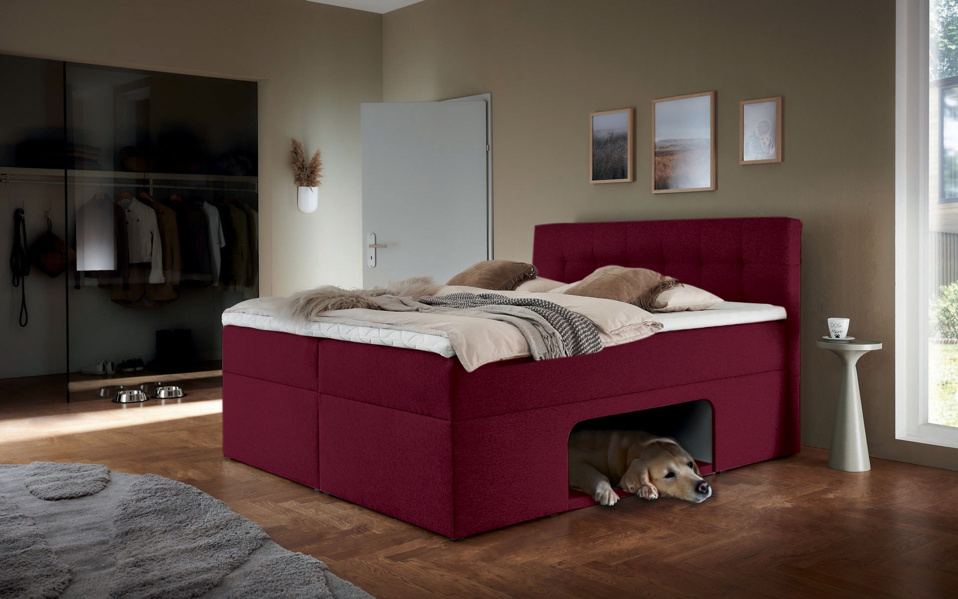 Boxbett HOME AFFAIRE "Carolin", rot (bordeaux meliert), B:142cm L:210cm, Komplettbetten, mit Nische inkl. gepolsterter Unterlage für Haustiere