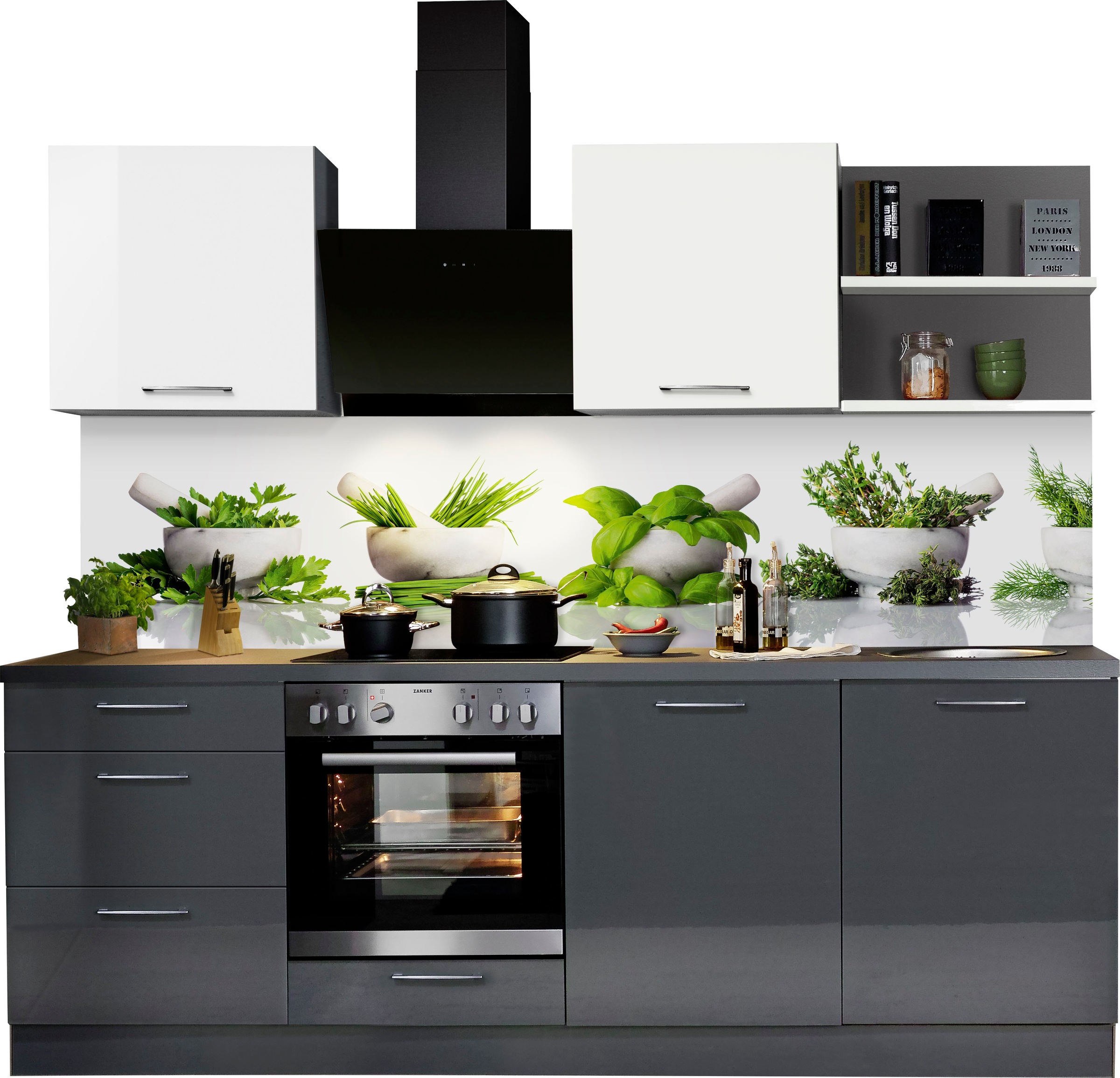 Küchenzeile KOCHSTATION "KS-Jena", vormontiert, Breite 240 cm", küche: grau, korpus: anthrazit, arbeitsplatte: anthrazit, B:240cm T:60cm, Komplettküchen-Sets, Küchenzeile, mit Soft-Close-Funktion, wahlw. mit E-Geräten inkl. Geschirrspüler Image
