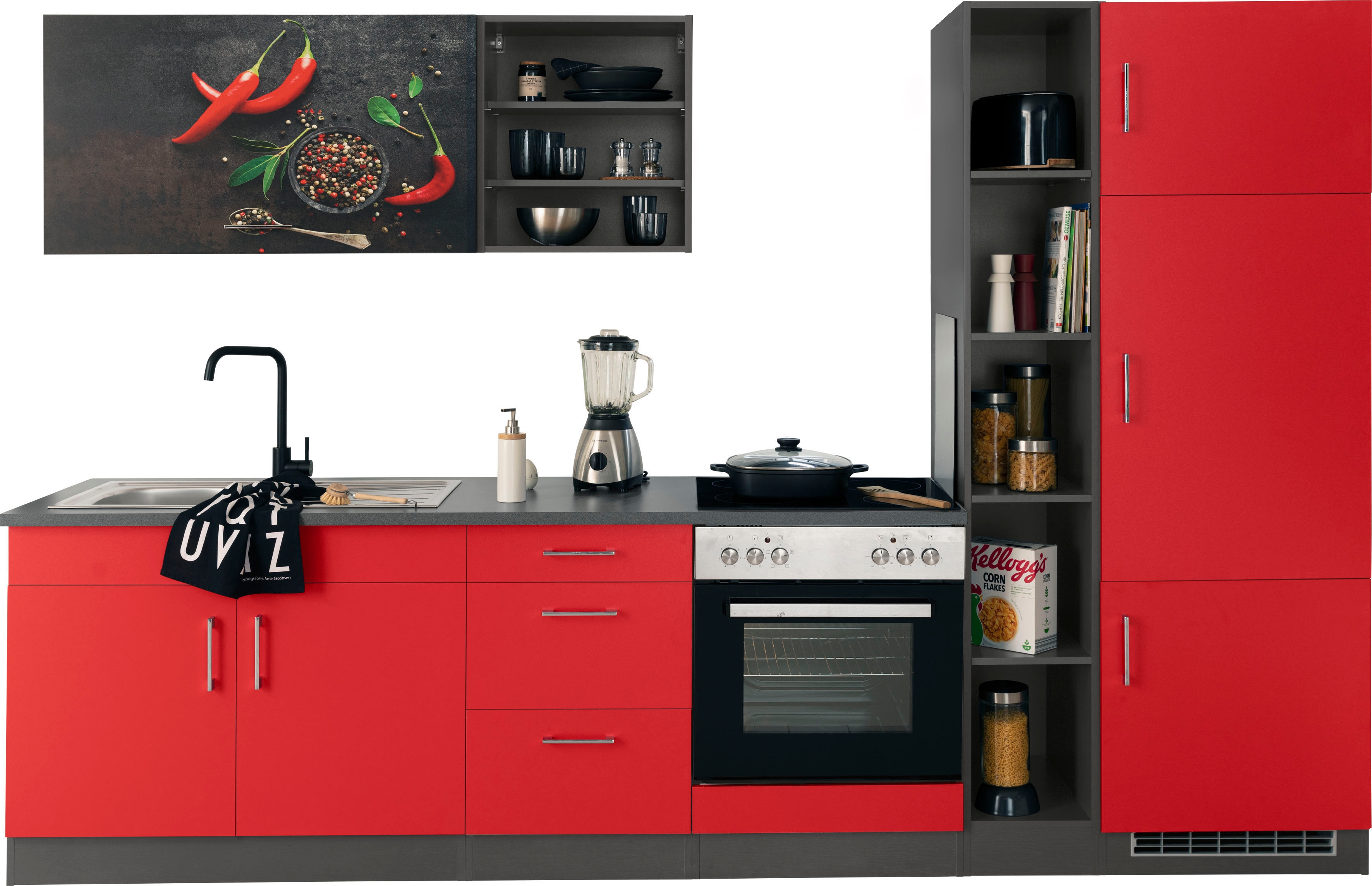 Küchenzeile KOCHSTATION "KS-Paris", rot (küche: rot, korpus: grafit, arbeitsplatte: anthrazit), B:300cm T:60cm, Komplettküchen-Sets, ohne E-Geräte, Breite 300 cm Image