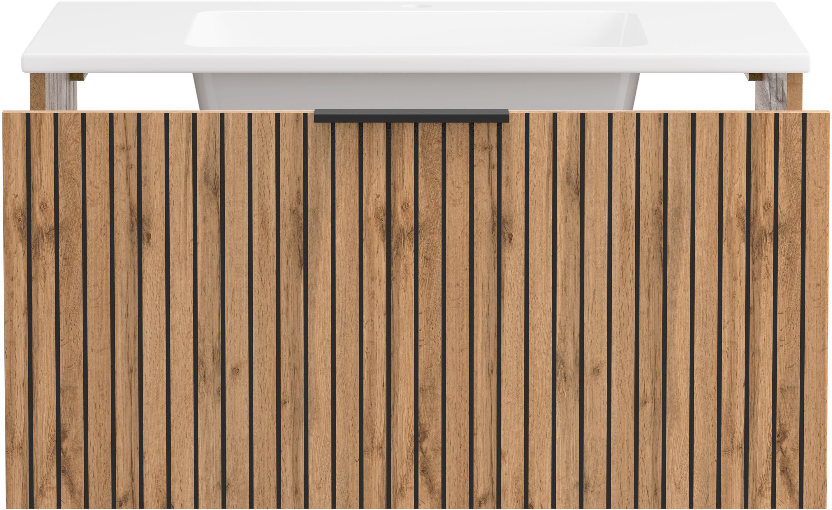 Badmöbel-Set WELLTIME "Welltime, Carlton Waschtisch-Set, 80 oder 120 cm, gestreift", schwarz (wotnaeiche, schwarz), Set 9: 2tlg. Waschtisch-Set 80cm: Spiegelschrank 80cm und Waschtischmit weißem Auflagebecken, Spanplatte, Kastenmöbel-Sets, Badmöbel-Set