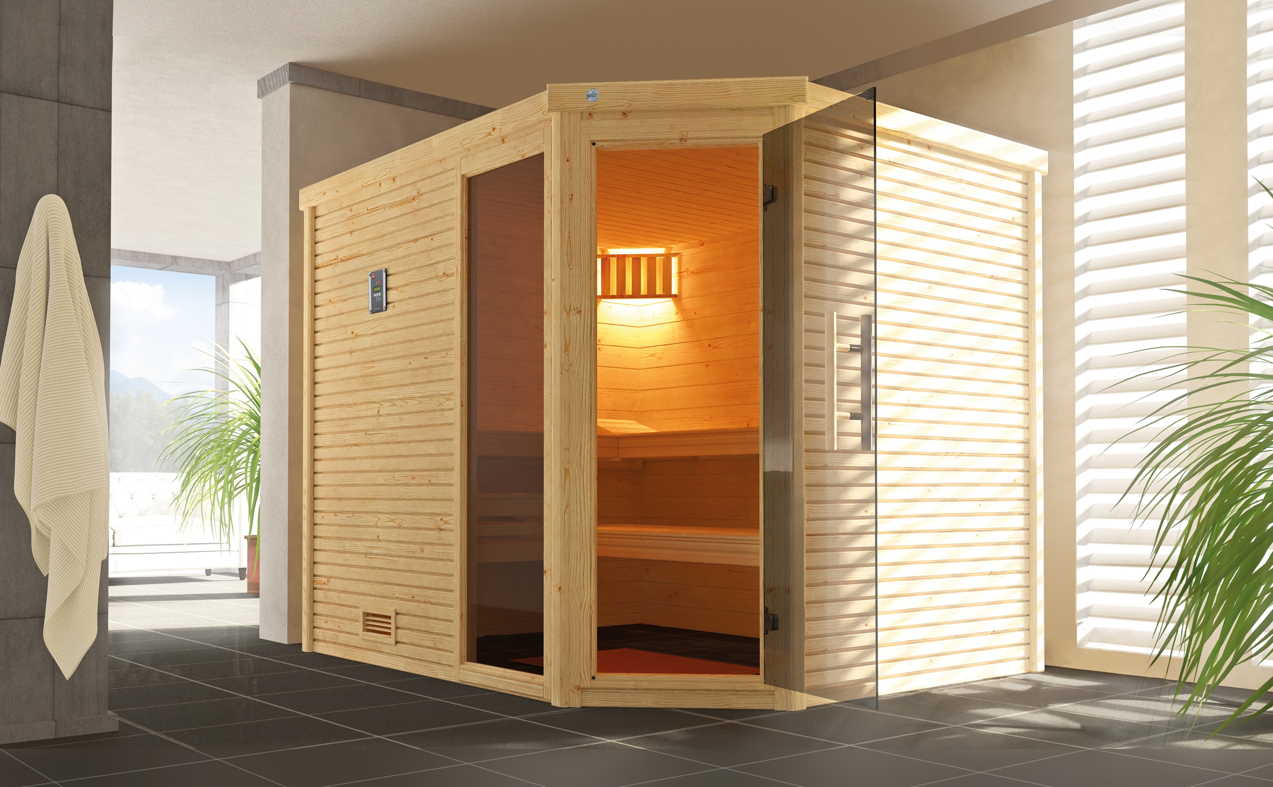Sauna WEKA "Design-Sauna CUBILIS 3", beige (natur), ohne Ofen, ohne Steuerung, (ohne Ofen), Saunen, Blockbohlen im wekaLine-Profil
