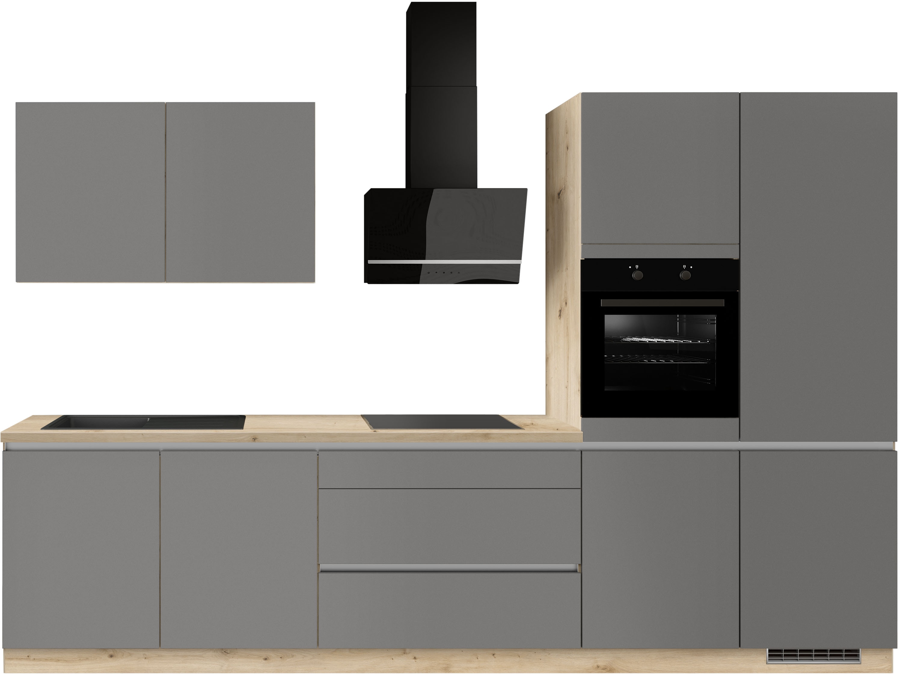 Küche IMPULS KÜCHEN ""Dublin", Anti Fingerprint Oberfläche, Schubkästen mit Soft-Close", küche: grau, arbeitsplatte: eiche nachbildung hell, B:340cm H:222cm T:60cm, Komplettküchen-Sets, Küchenzeile, vormontiert, wahlweise mit E-Geräten, mit...