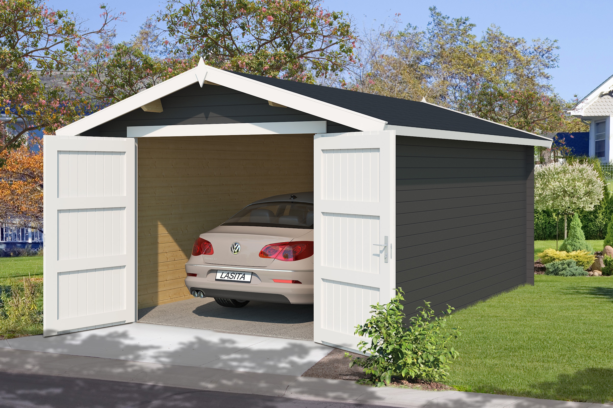 Einzelcarport NORDIC HOLZ "MAURITIUS 34", grau (carbongrau), B/H/T: 381,8cm x 197cm x 560cm, Carports, breites Vollholz-Garagentor