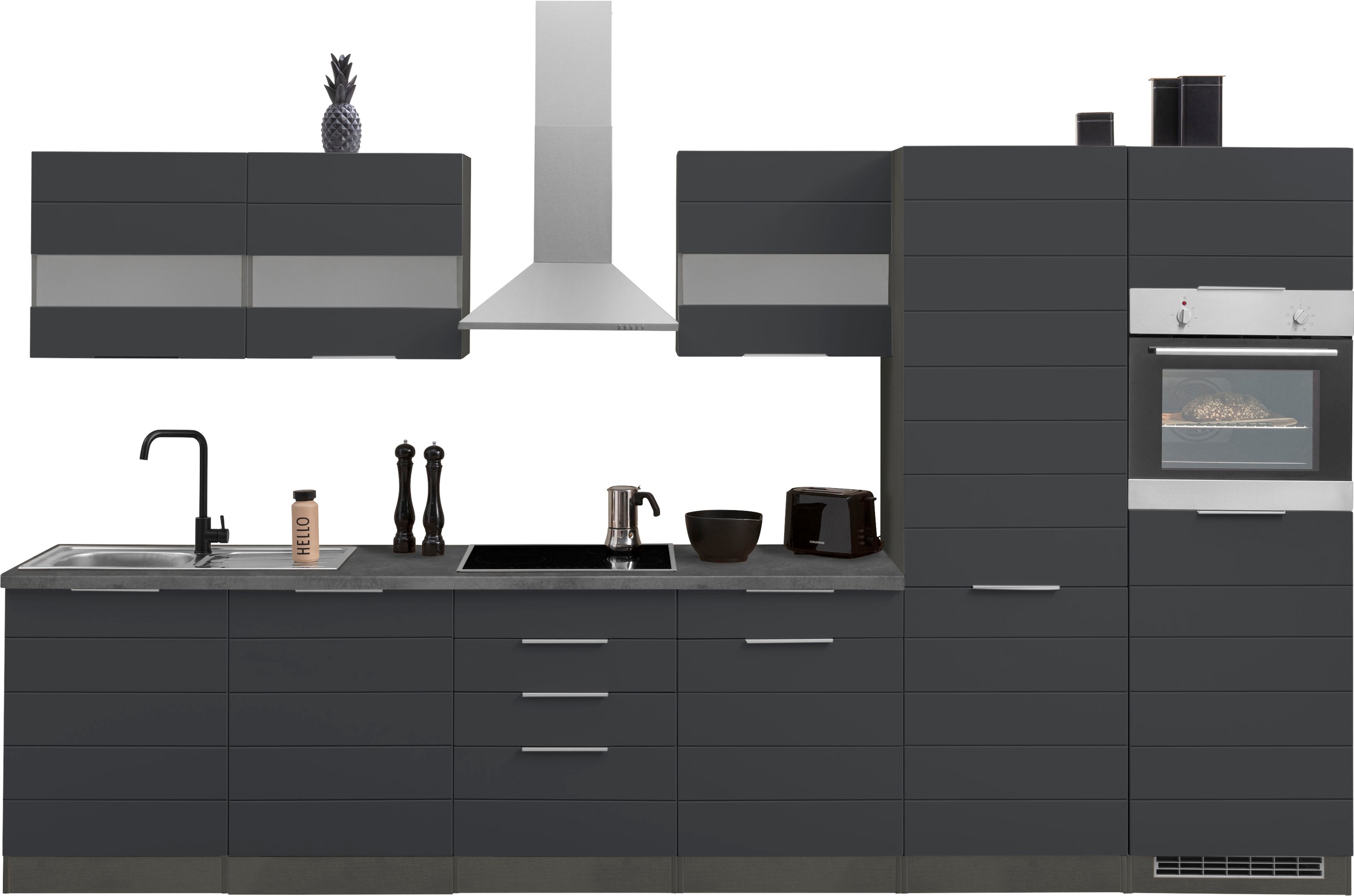 Küchenzeile KOCHSTATION "KS-Luhe", grau (küche: grau, front: weiß matt, korpus: grafit, arbeitsplatte: betongrau), B:360cm T:60cm, Komplettküchen-Sets, Küchenzeile, 360 cm breit, wahlweise mit oder ohne E-Geräten, gefräste MDF-Fronten Image