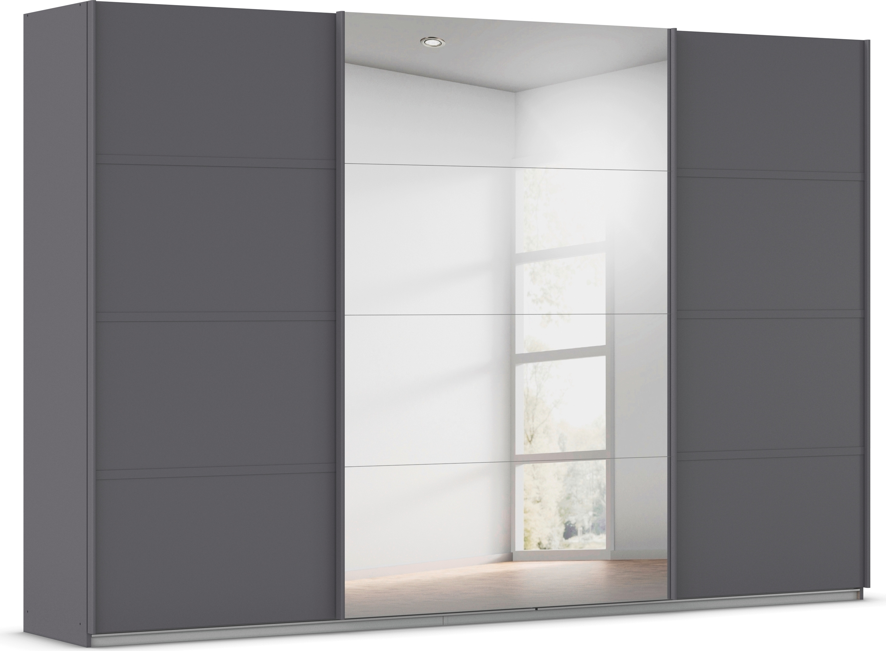 Kleiderschrank RAUCH "Schwebetürenschrank OTTO´s Choice Garderobe Schrank TOP ANGEBOT Avola", graumetallic, leisten graumetallic, B:315cm H:229cm T:62cm, Holzwerkstoff, Schränke, mit eleganten Zierleisten in Chrom, Schwarz oder Weiß MADE IN GERMANY Image