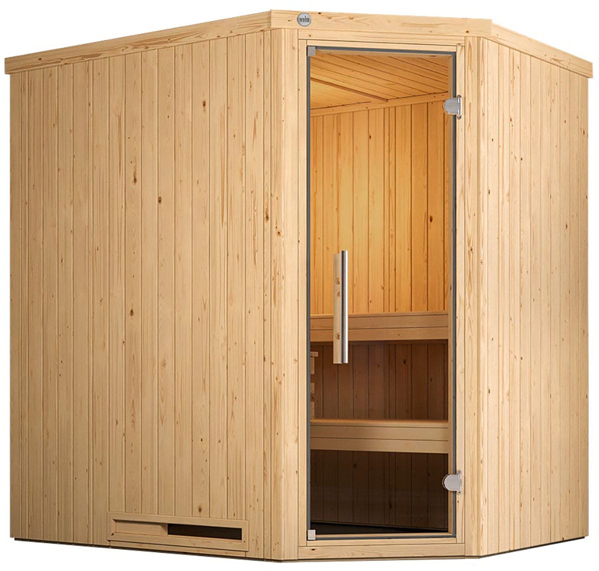Sauna WEKA "Element-Ecksauna VARBERG 1", beige (natur), Saunaofen, integrierte Steuerung, 5,4 kW, Saunen, vorgefertigte Elemente, moderne Ganzglastür