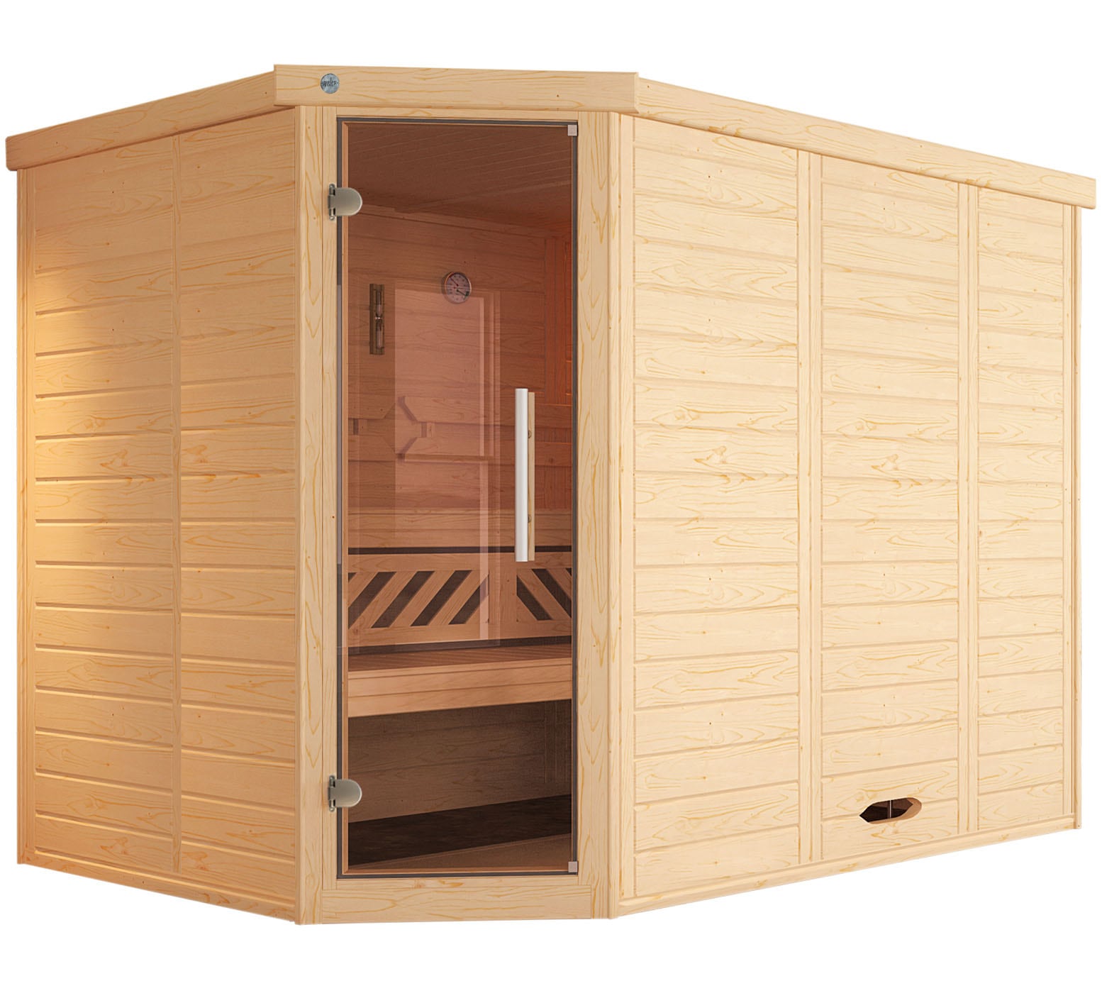Sauna WEKA "Design-Sauna KEMI Eck 2", beige (natur), Saunaofen, externe Steuerung, 9 kW, Saunen, Blockbohlen, vorgefertigte Elemente, moderne Ganzglastür Image