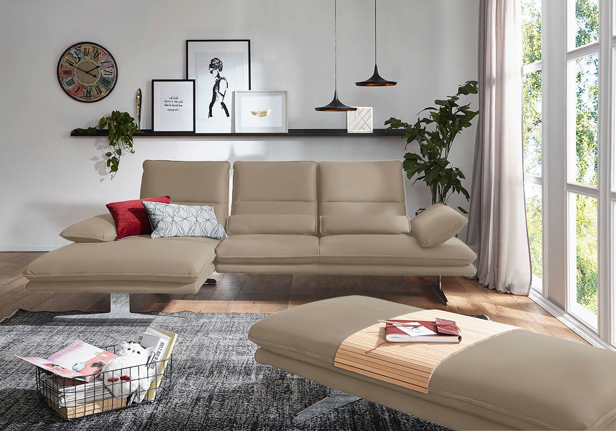 Ecksofa W.SCHILLIG "broadway, Designsofa mit tollem Sitzkomfort, L-Form", braun (stone z59), B:291cm H:94cm T:164cm, Longlife Xtra-Leder Z59: Glattleder mit modischer Prägung. Hautstärke 0, 9 - 1, 1 mm, Sofas, Ecksofa, Sitztiefenverstellung,... Image