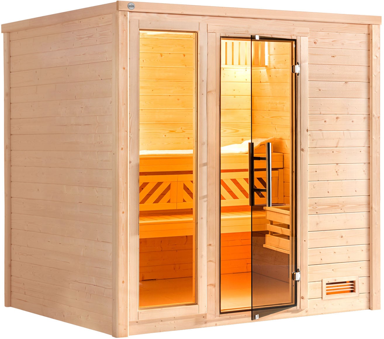 Sauna WEKA "Massivholzsauna BERGEN 2", beige (natur), Saunaofen, integrierte Steuerung, 5,4 kW, Saunen, Blockbohlen, Fensterelement, moderne Ganzglastür