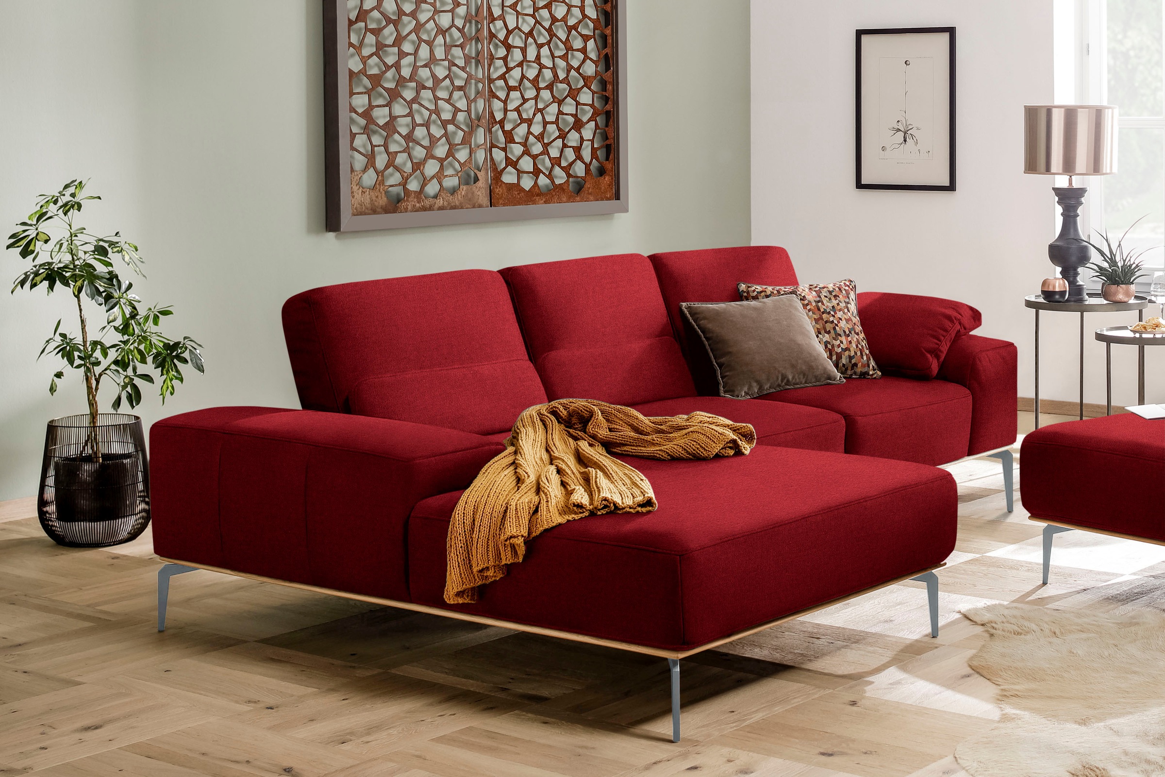 Ecksofa W.SCHILLIG "run, Designsofa mit tollem Sitzkomfort, bequem, L-Form", rot (light brick w82), B:279cm H:88cm T:178cm, Longlife Xtra-Leder Z73: Naturwalkleder der Luxusklasse aus den erlesensten Rohhäuten. Hautstärke 1, 1 – 1, 3 mm;ROHLEDER... Image