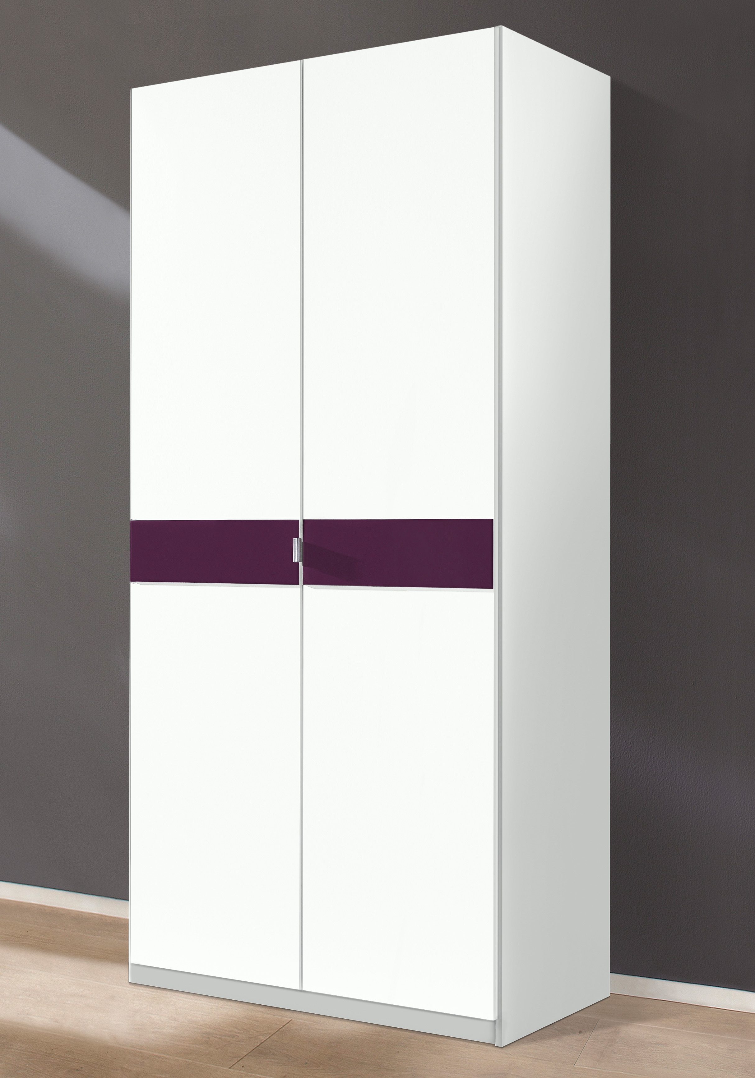 Kleiderschrank PRIESS "Drehtürenschrank Kleiderschrank Schrank Schlafzimmerschrank Madrid", weiß (weiß, brombeerglas), B:94cm H:193cm T:54cm, Holzwerkstoff, Schränke, Kleiderschrank, mit farbiger Glasauflage, erweiterbar mit Schrankaufsatz Madrid