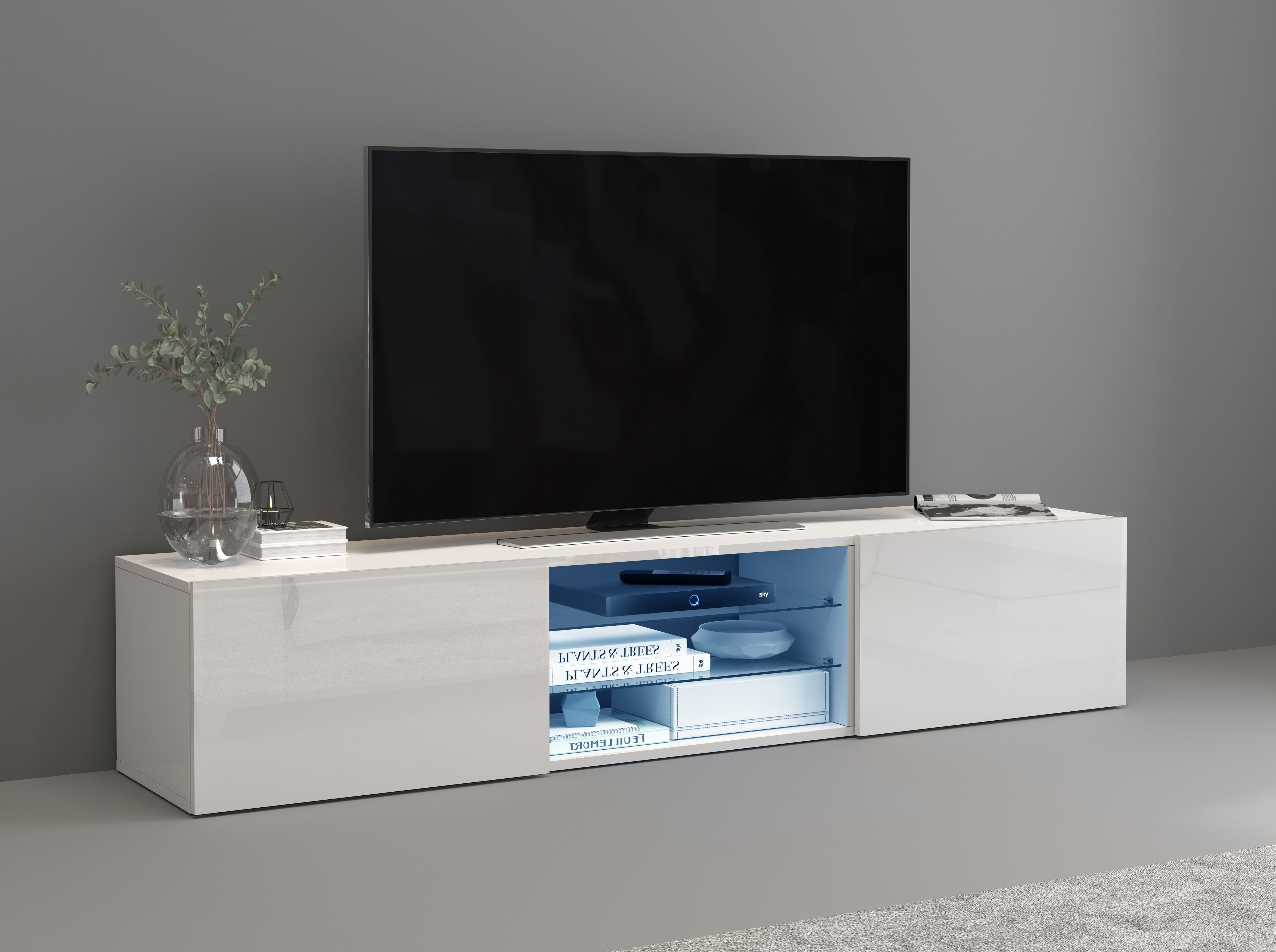Lowboard INOSIGN "Egypt,Lowboard,TV-Kommode,TV-Möbel,TV-Bank", weiß, B:180cm H:35cm, FSC-zertifizierter Holzwerkstoff, Glas, Sideboards, mit 2 Klappen, 2 Glasböden, Türen Hochgl. lackiert (B/T/H)180x38x35 cm