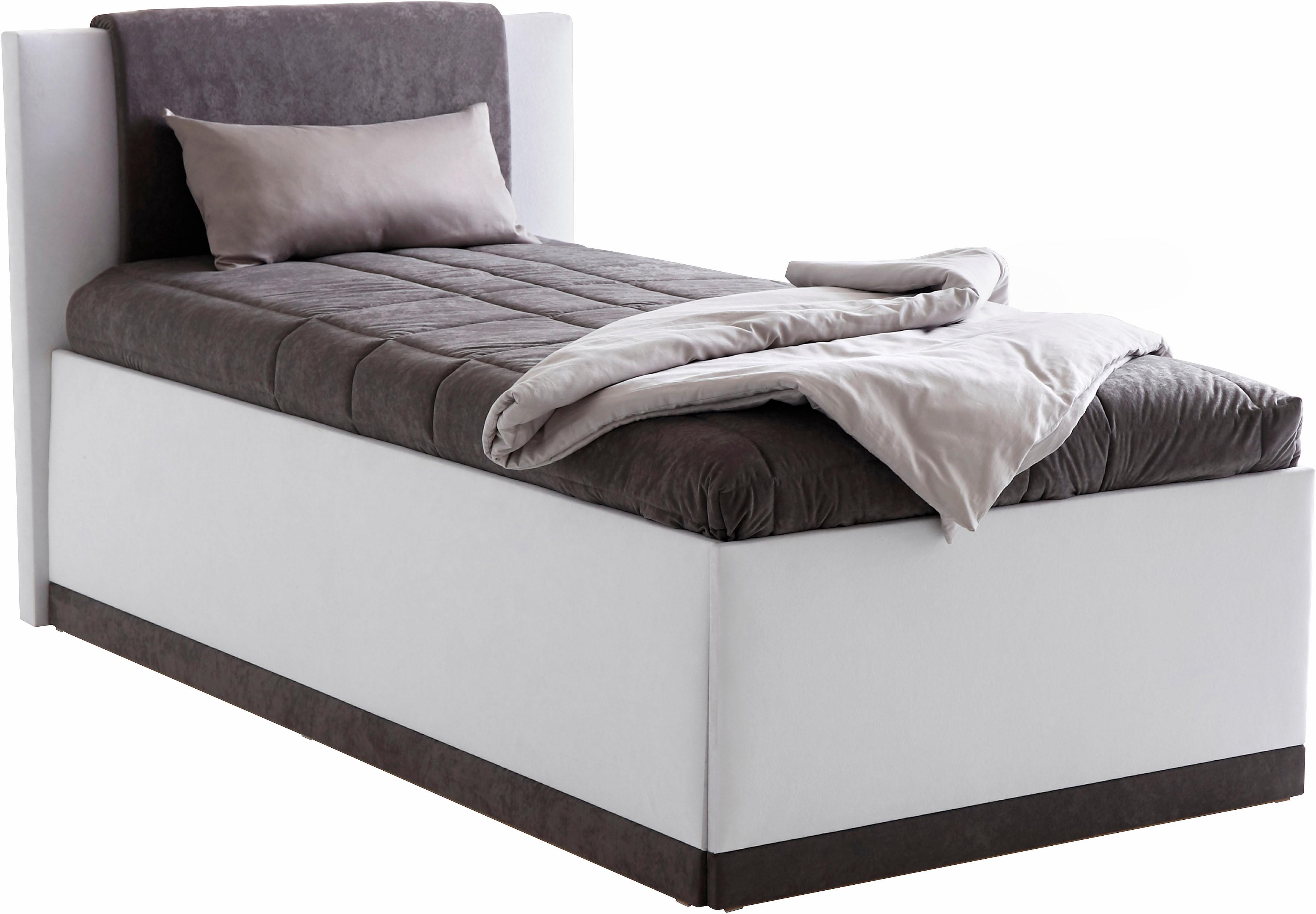 Polsterbett, grau (weiß, dunkelgrau), B:117cm L:212cm, Bezug Bett: Microfaser (100% Polyester);Bonnell-Federkernmatratze: Frottee (100% Polyester);Tonnentaschen-Federkernmatratze: 80% Baumwolle und 20% Polyester, Bezug abnehm- und waschbar bis...