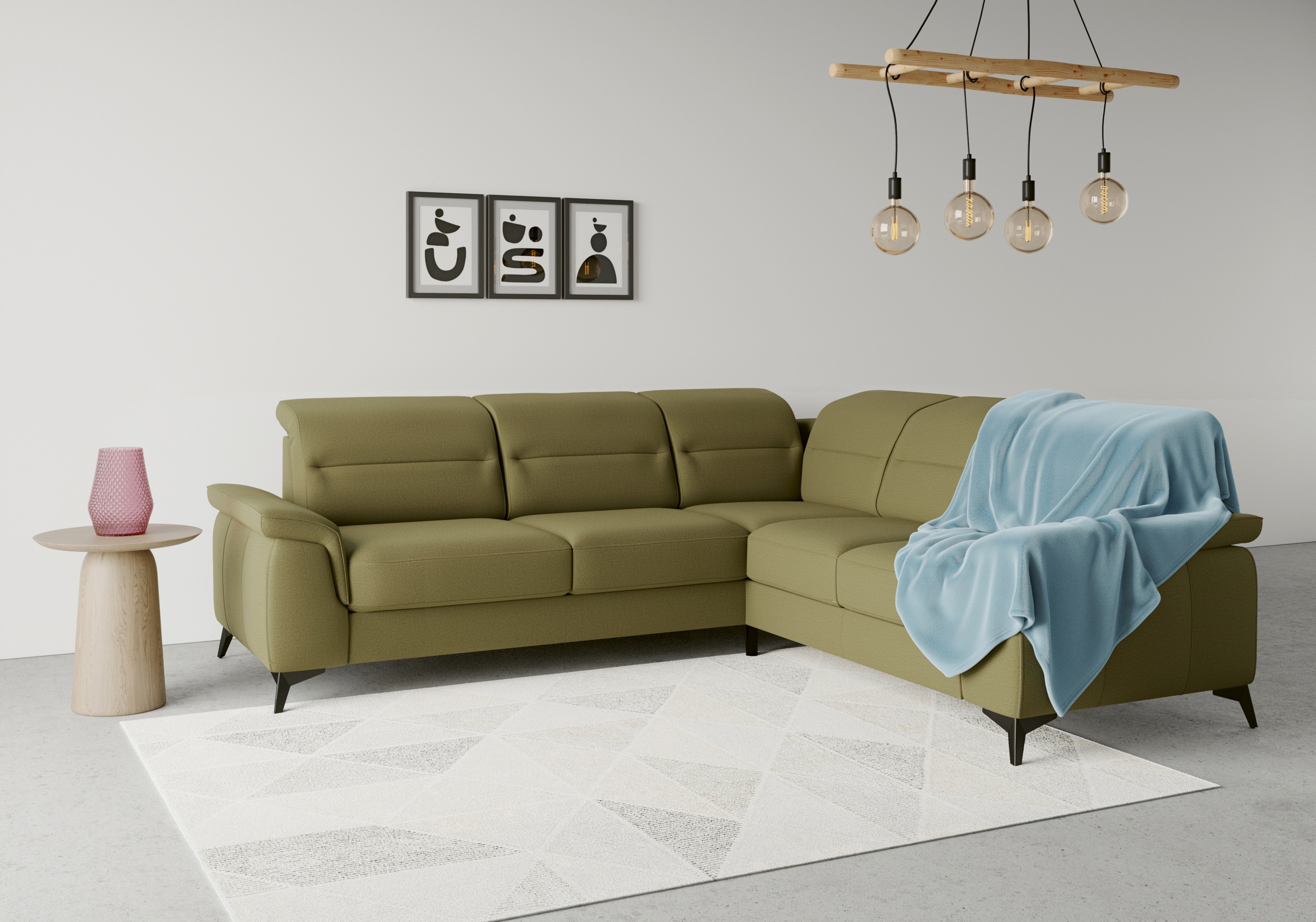 Ecksofa SIT & MORE "Sinatra L-Form", grün (olive), B:251cm H:85cm T:231cm, 98% Polyester, 2% Polyamid, Sofas, optinal mit Kopfteilverstellung und Armteilfunktion, Metallfüße Image