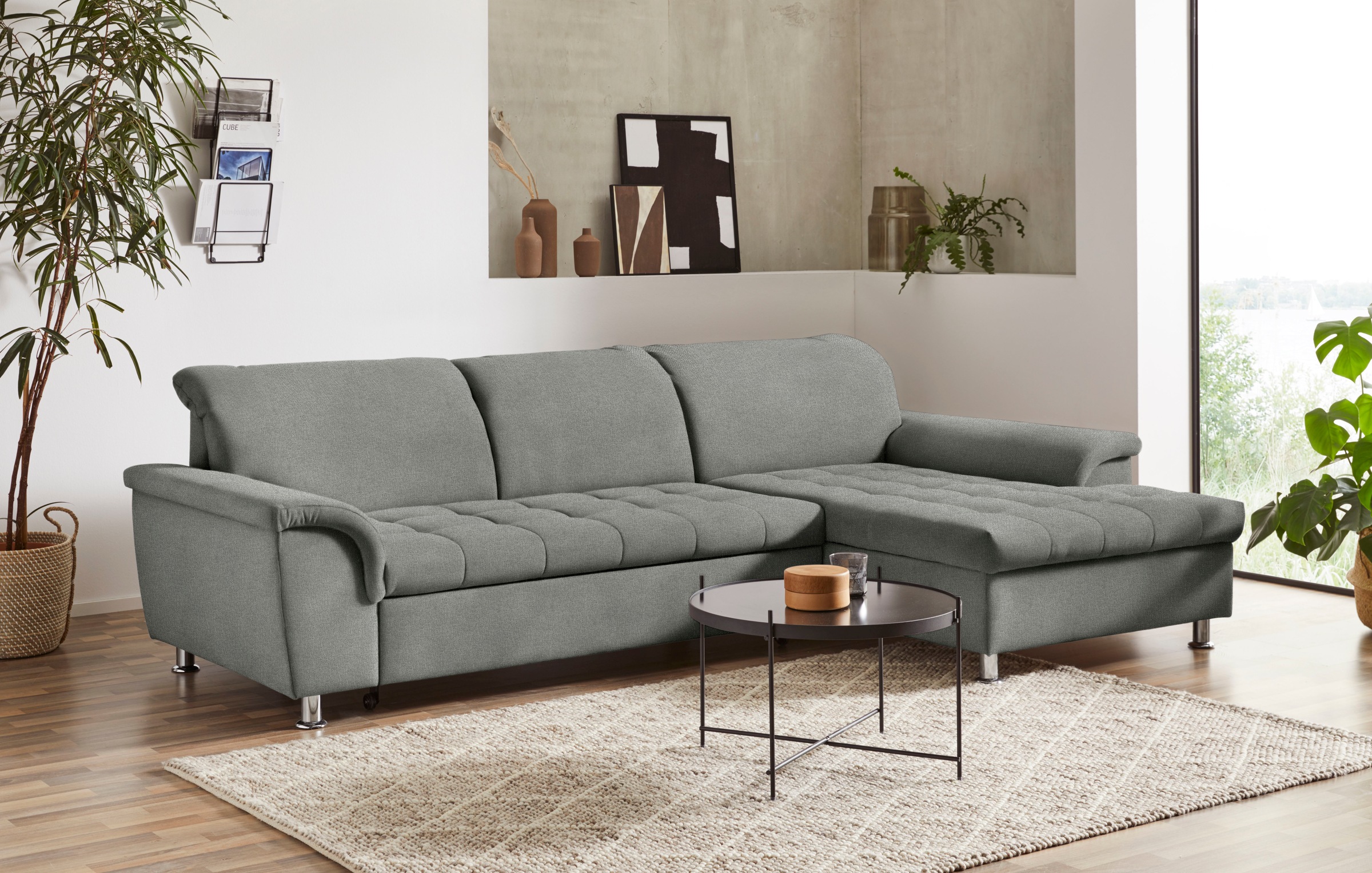 Ecksofa DOMO COLLECTION "Franzi, zeitlos und elegant, moderne Sitzheftung, L-Form", grau (steel), B:279cm H:81cm T:170cm, Sofas, wahlweise mit Kopfteilverstellung (dann Tiefe: 170 cm) Image