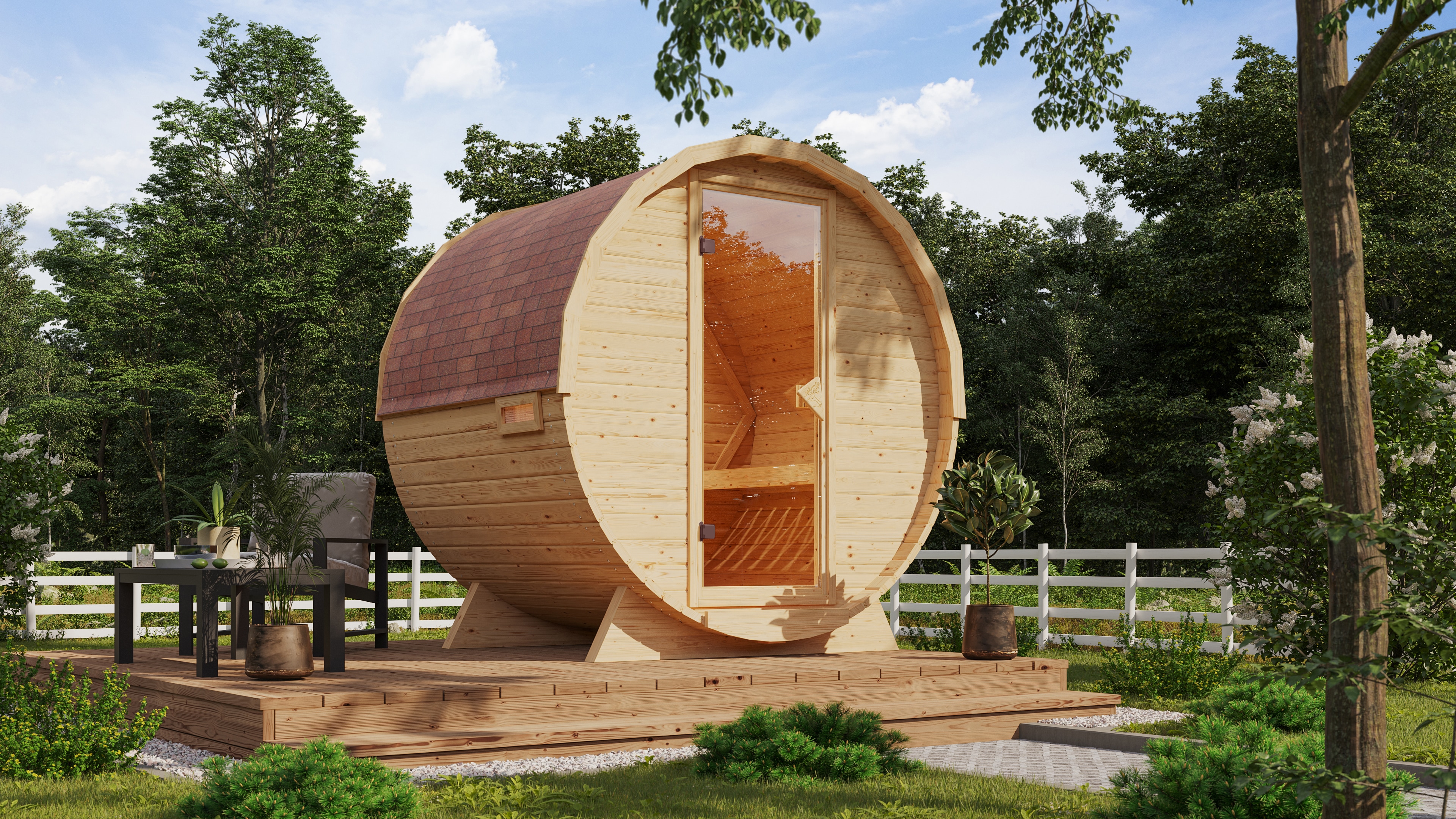 Fasssauna KONIFERA "Lathy L", naturbelassen, Saunaofen, integrierte Steuerung, 9 kW, Saunen, 9-kW-Ofen mit integrierter Steuerung Image