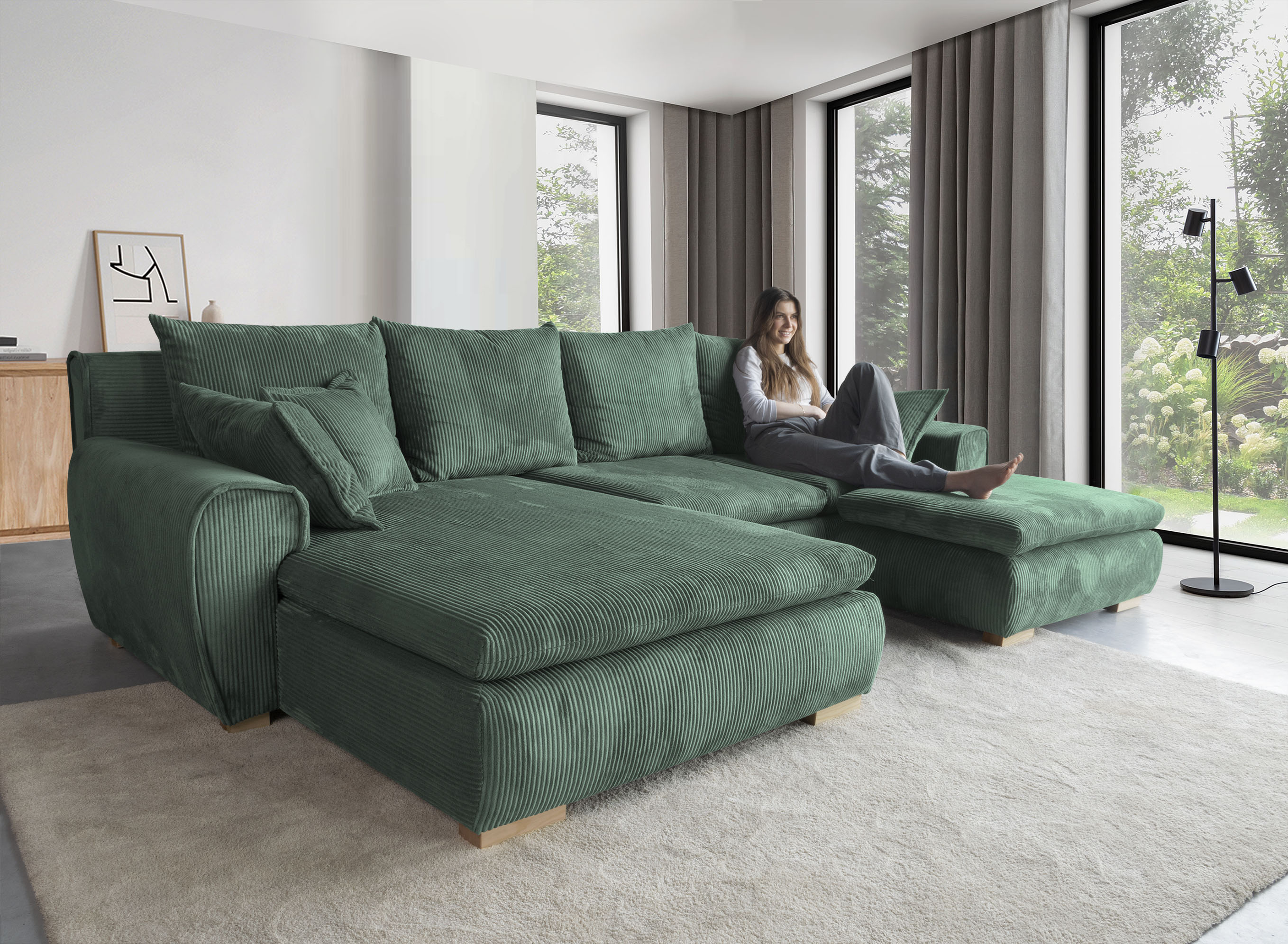 Ecksofa HOME AFFAIRE "Katja L-Form, B: 325 cm - OTTO. Verlässliche Qualität.", grün (dunkelgrün), B:325cm T:183cm, 100% Polyester, Sofas, Ecksofa, mit Bettfunktion, Bettkasten & 4 Zierkissen, Topseller