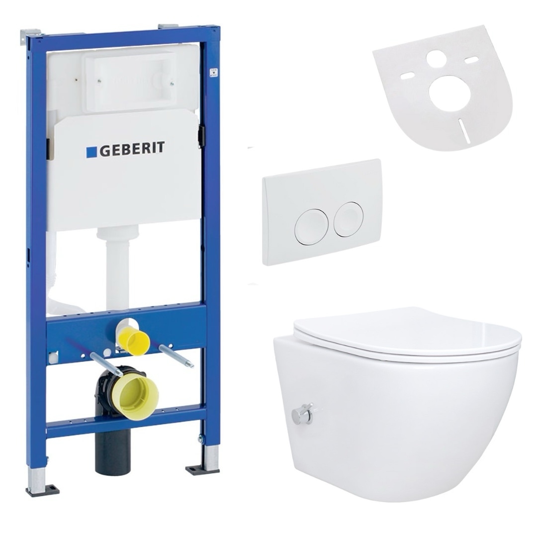 Belvit Spülrandloses Hänge WC Set mit Bidet Taharet Funktion Softclose Sitz und Drückerplatte mit Geberit UP100 Vorwandelement Image