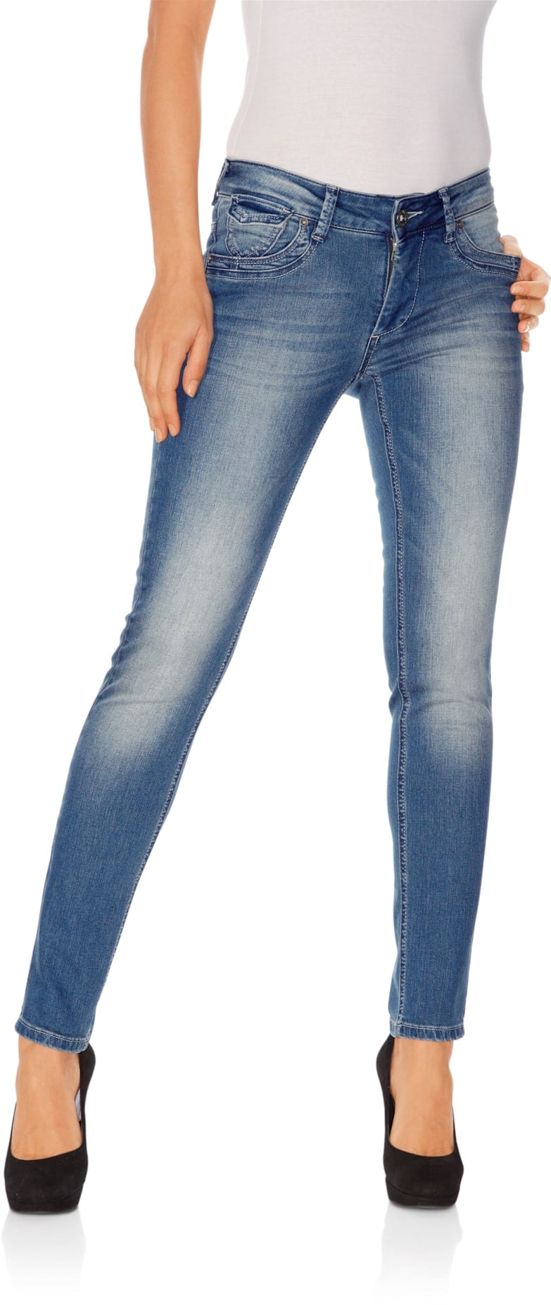 Röhrenjeans HEINE, Damen, Gr. 48, Normalgrößen, blau (blau stone), 95% Baumwolle, 3% Polyester, 2% Elasthan, Miedereinsatz:15% Elasthan, 85% Polyamid, unifarben, lang, Jeans