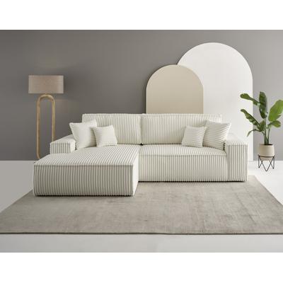 Ecksofa ANDAS "Finnley Schlafsofa 267 cm in Bouclé, Struktur fein u. Cord, L-Form", beige (hellbeige), B:267cm H:85cm T:167cm, Bezugstoff 100% PES , Gramatur 400g/qm +/- 5%, Sofas, Schlaffunktion m. Bettkasten (136/210 cm), Bouclé, Struktur und Cord Image