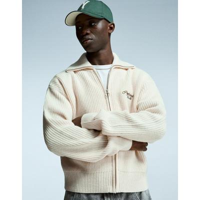 Bershka Embroidered Zip-Up Jacket Men Xl Off White