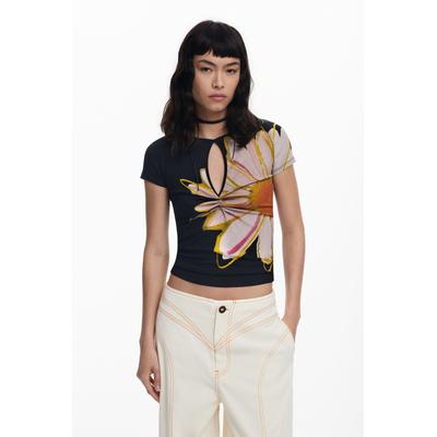 Short-sleeve floral T-shirt with opening