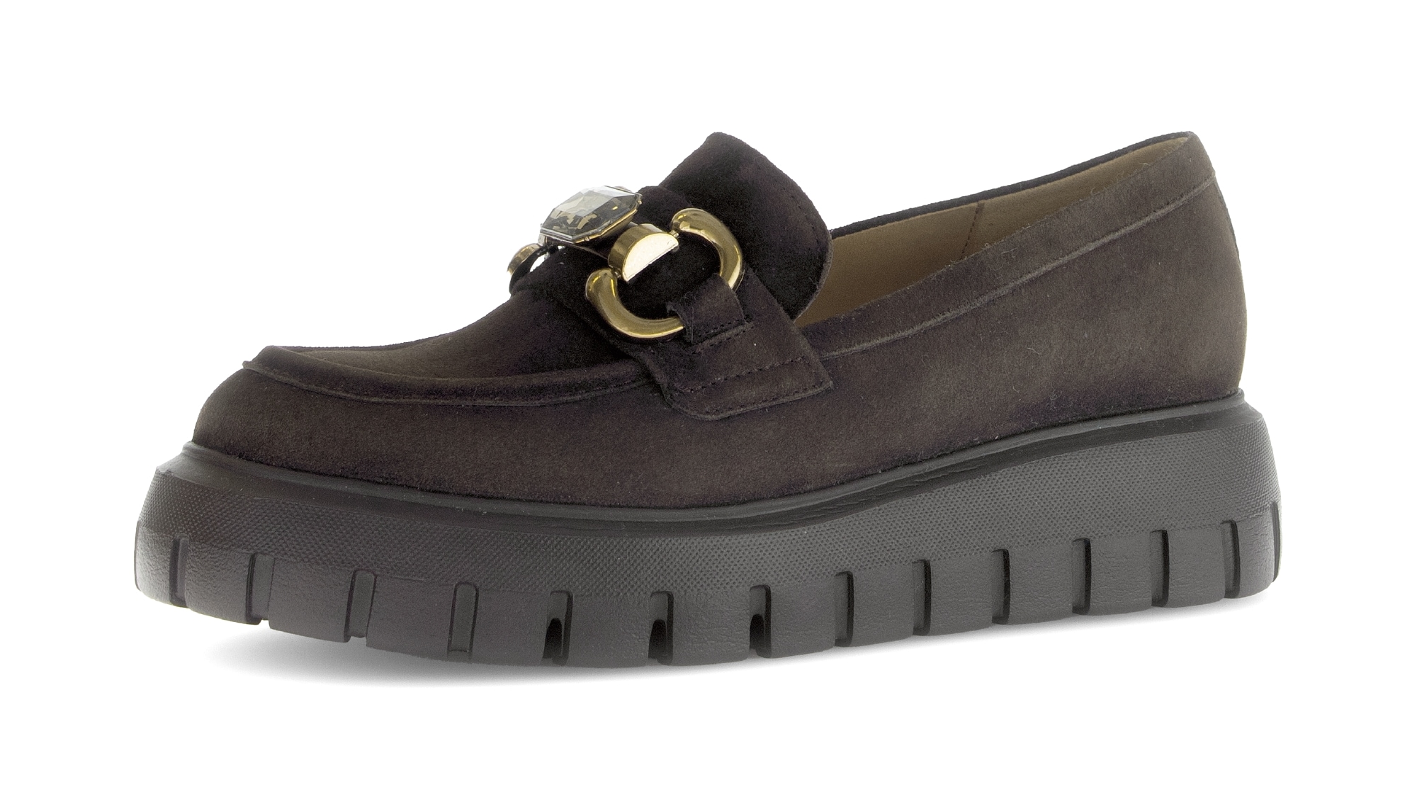 Loafer GABOR, Damen, Gr. 39, braun (dunkelbraun), Ziegenveloursleder, unifarben, Schuhe Loafer, Plateau, Slipper, Businessschuh mit Zierschnalle und Schmuckstein