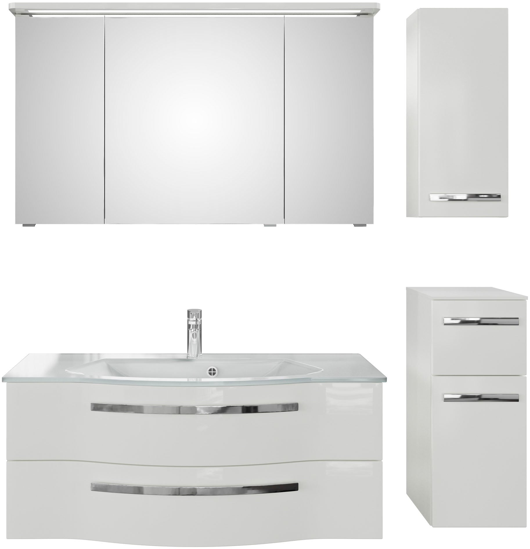 Badmöbel-Set SAPHIR "Serie 4005, vormontiert, Glaswaschbecken, Spiegelschrank", weiß (lack polarweiß hgl, weiß hgl), Holzwerkstoff, Kastenmöbel-Sets, Badezimmer-Set mit Unterschrank, Hängeschrank, inkl. Türdämpfer Image