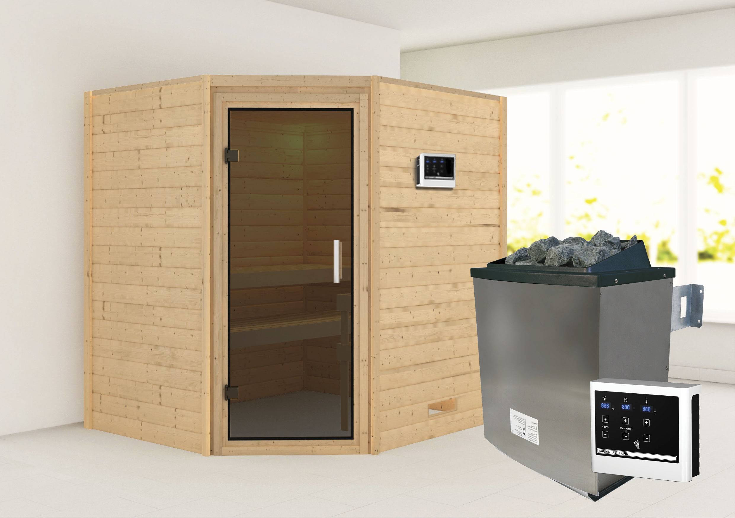 Sauna KARIBU "Mia (Fronteinstieg)", beige (naturbelassen), (ohne Ofen), Saunen, Ofen 9 KW externe Strg easy