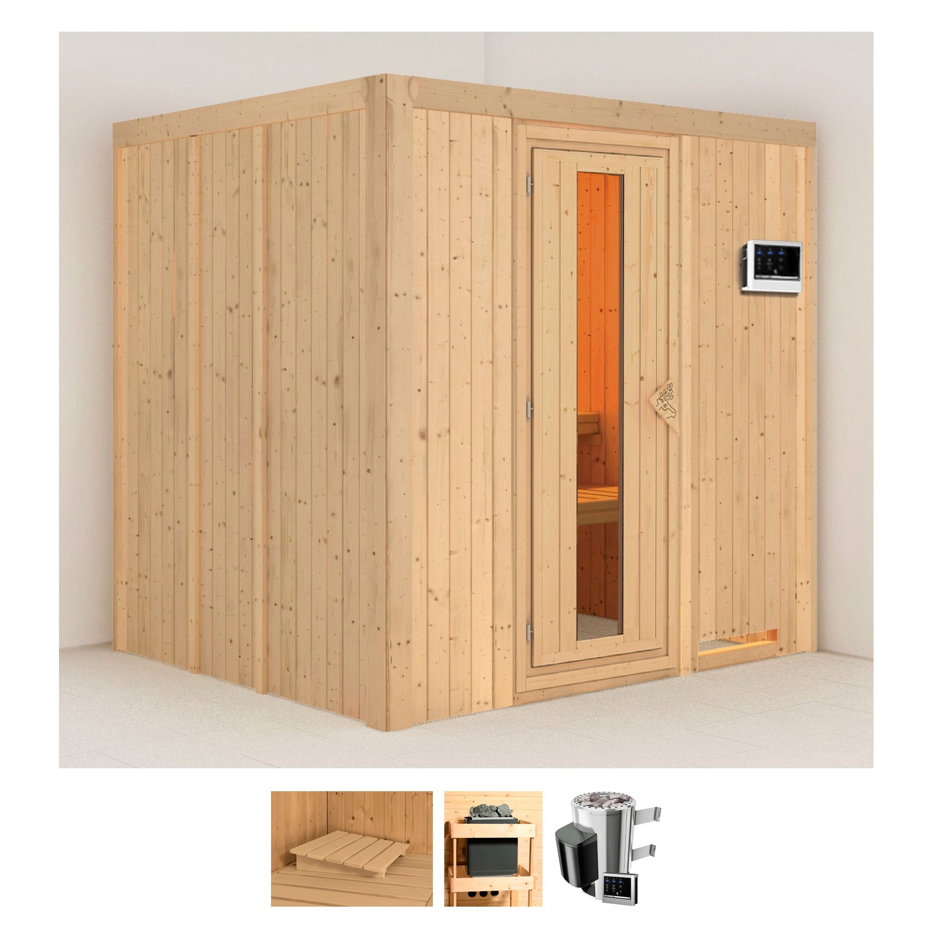 Sauna KARIBU "Dima", beige (naturbelassen), Saunaofen, externe Steuerung, 3,6 kW, Saunen, 3,6-kW-Plug & Play Ofen mit externer Steuerung Image